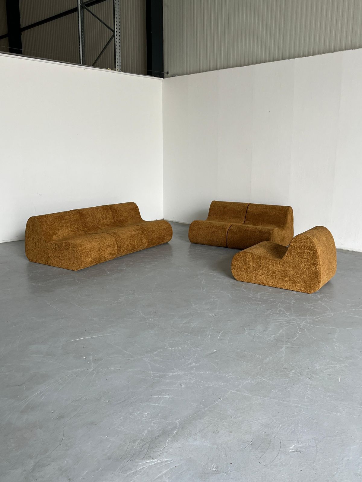 Italian Mid Century Modular Sofa Or Seating Set In Ochre Boucle, 1970s Italy photo furniture