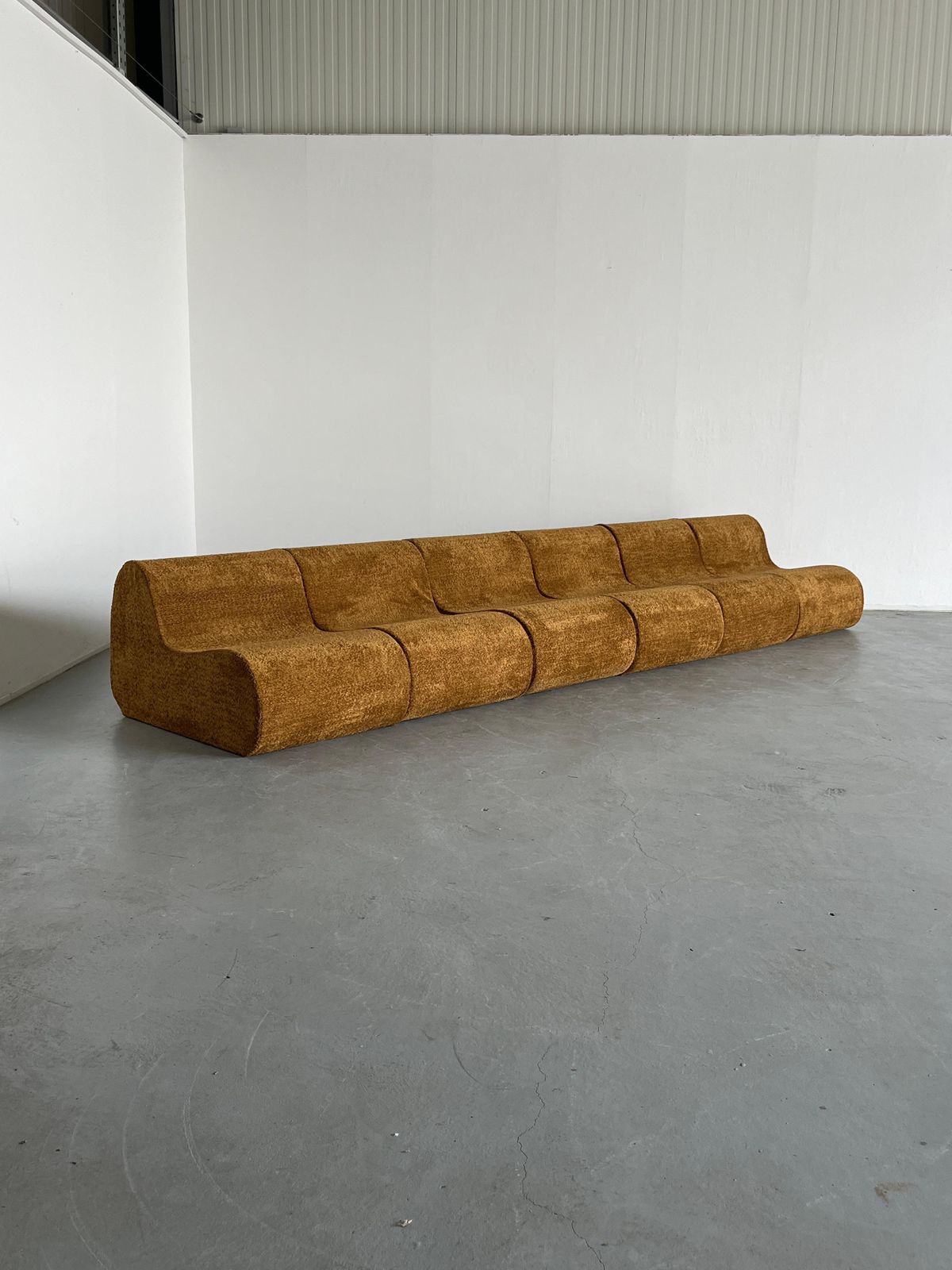 photo for sale Italian Mid Century Modular Sofa Or Seating Set In Ochre Boucle, 1970s Italy