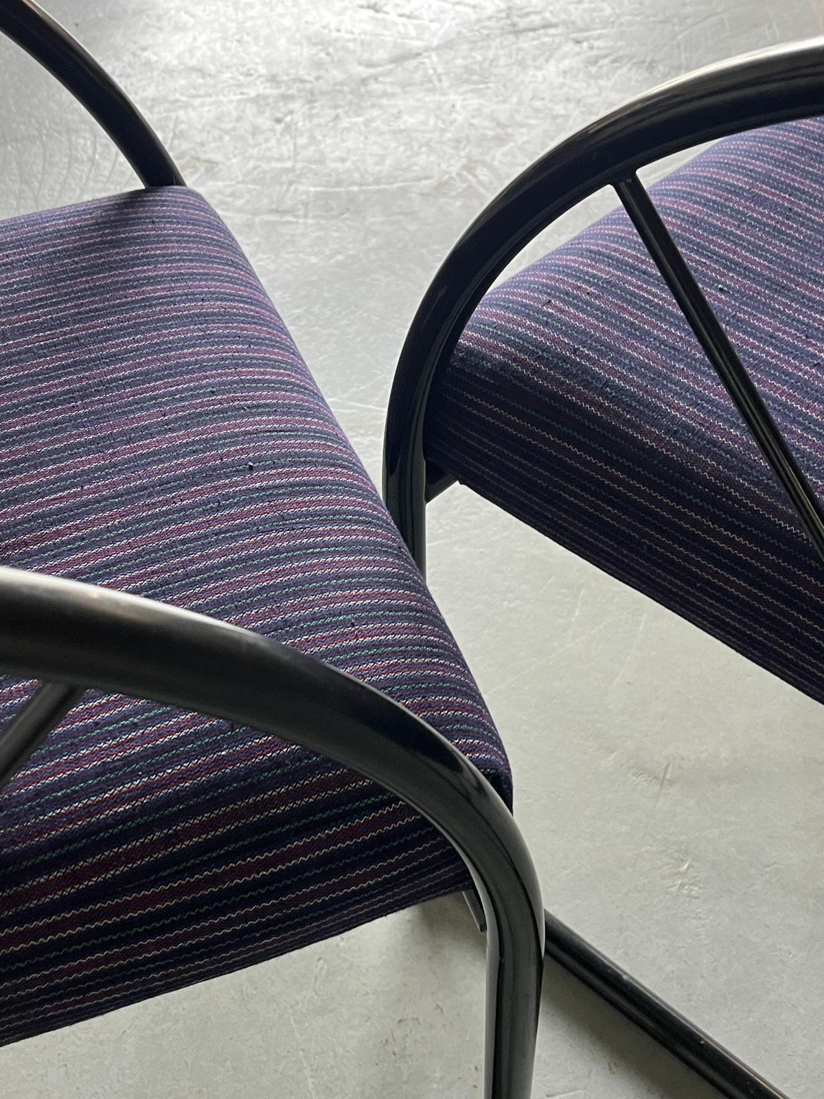 photo for sale 1 Of 2 Postmodern Armchairs, Multicolour Memphis Stripe Upholstery, 1980s Italy