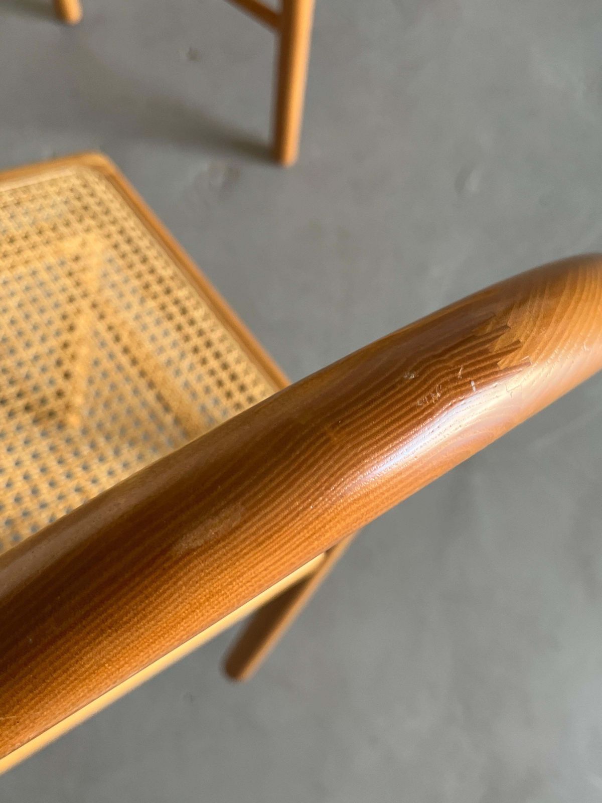 photo vinterior Pair Of Vintage Mid Century Dining Chairs In Lacquered Wood And Cane, Italy 80s