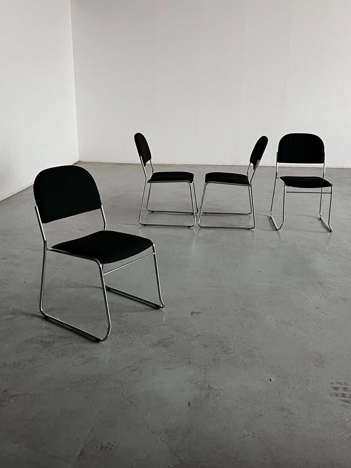 Set Of 4 Minimalist Dining Chairs In Black Fabric And Chromed Steel, Stackable photo buy