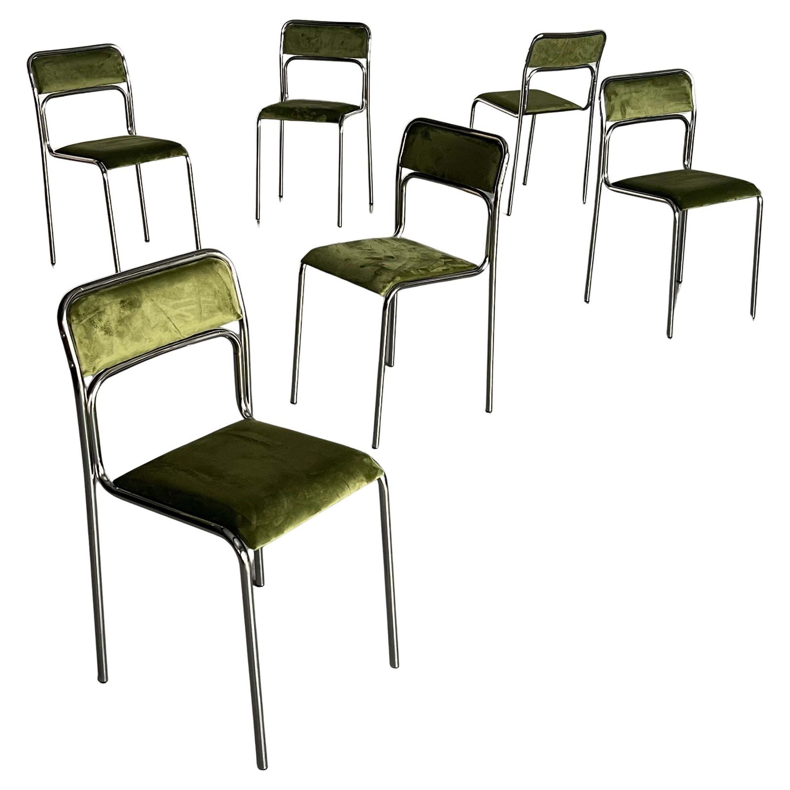 Set Of 6 Bauhaus Chrome Tubular Steel,  Green Velvet Italian Dining Chairs