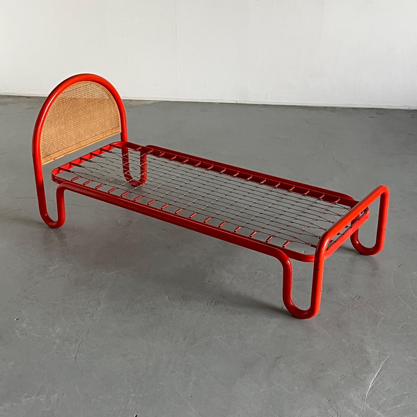 Gae Aulenti Style Tubular Metal And Cane Bed Frame, 1960s Italy photo furniture