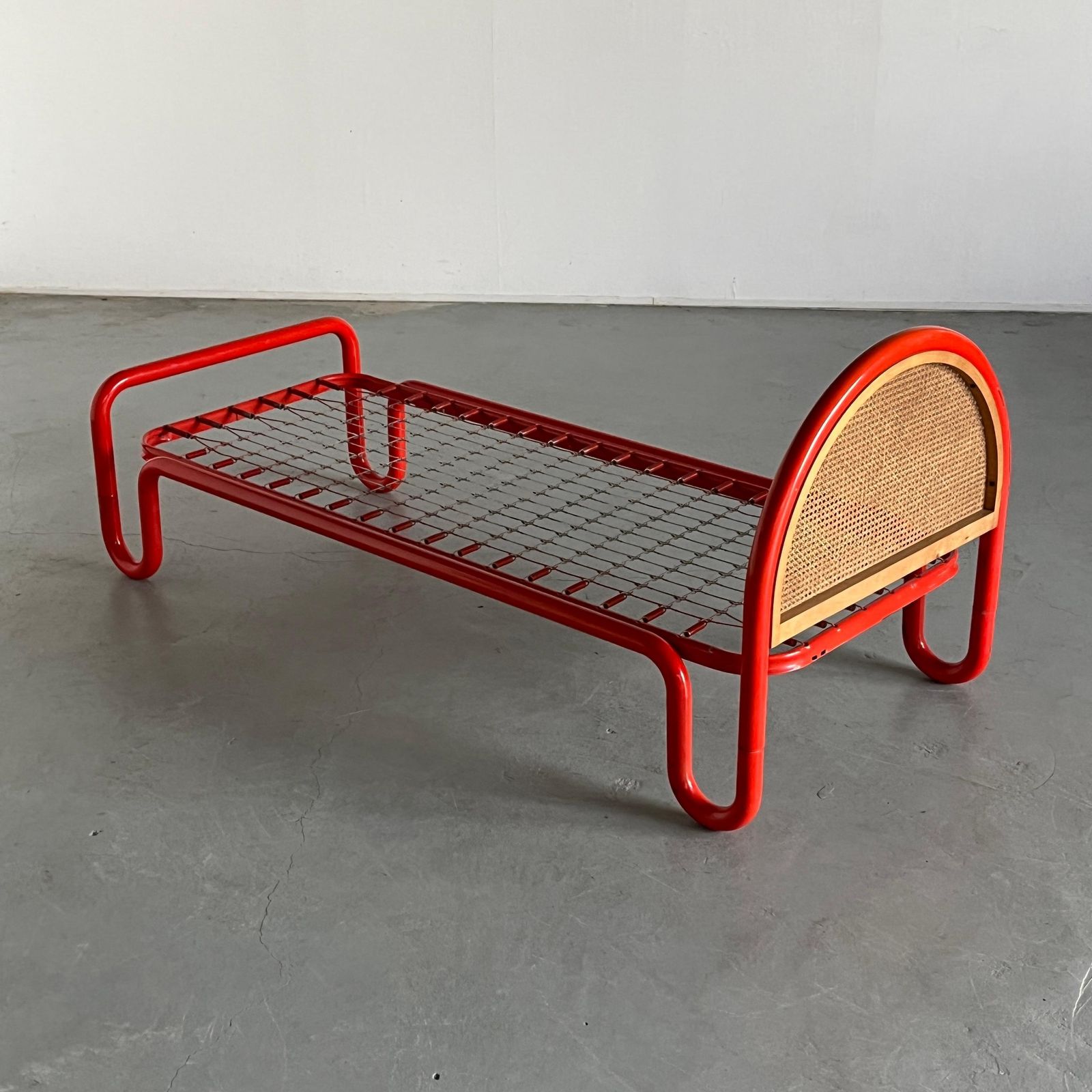 Gae Aulenti Style Tubular Metal And Cane Bed Frame, 1960s Italy photo for sale