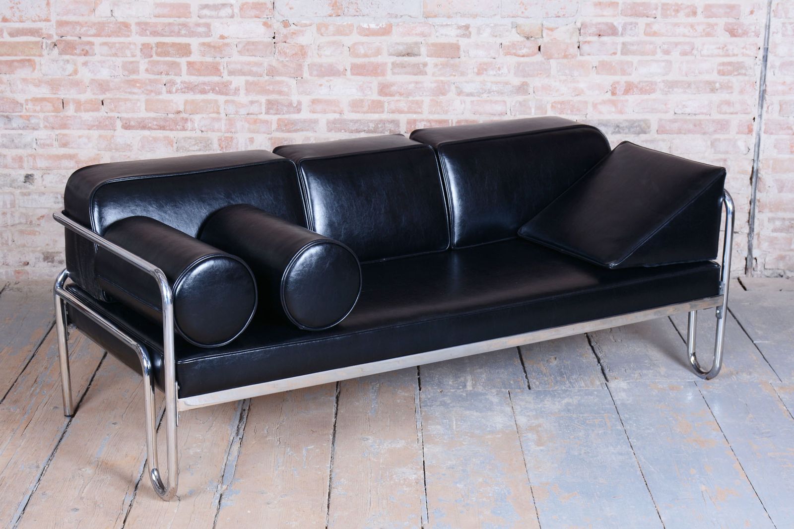 Restored Bauhaus Sofa, Chrome Plated Steel, High Quality Leather, Czech, 1930s photo for sale