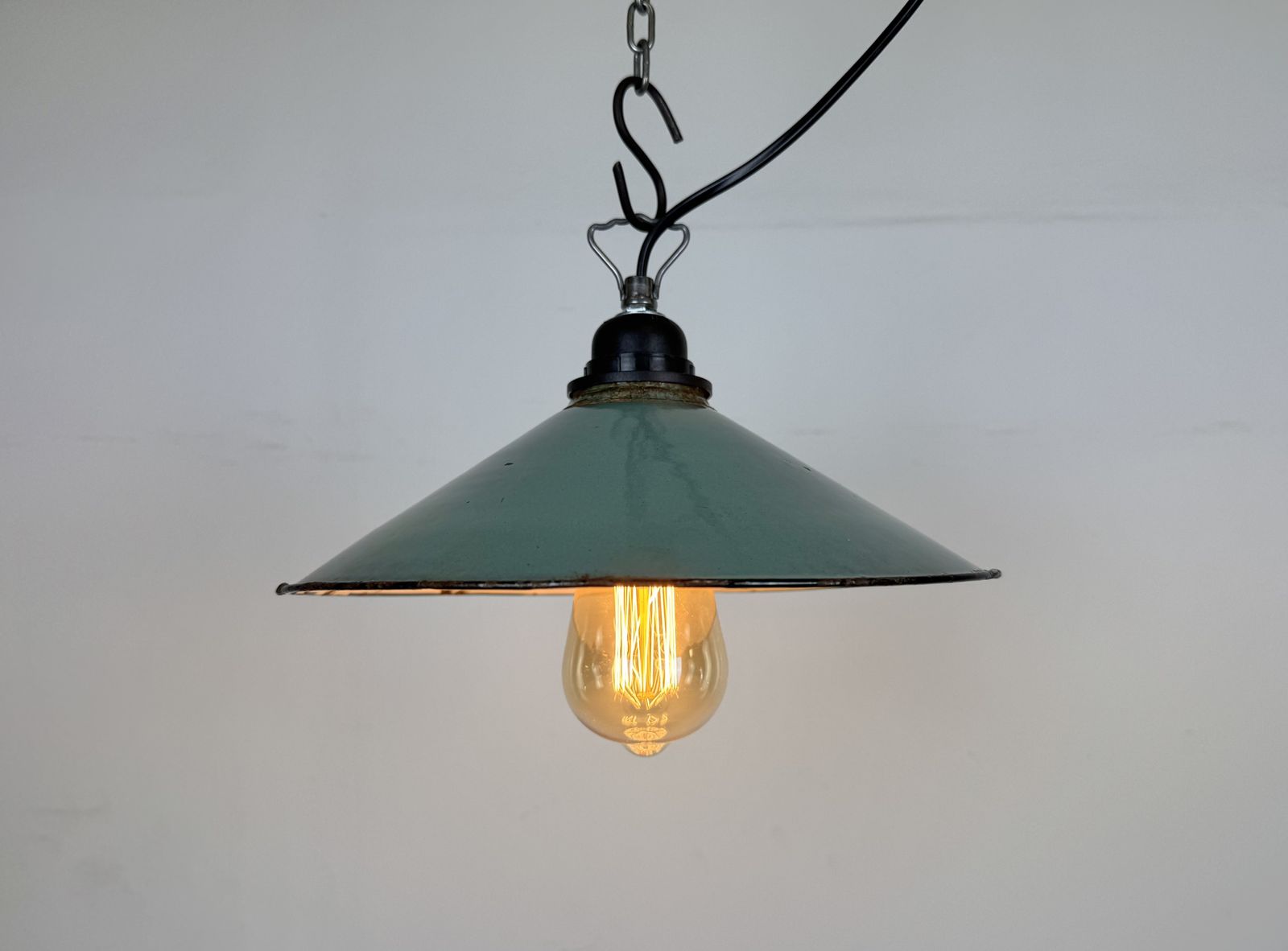 Industrial Petrol Enamel Factory Pendant Lamp, 1960s photo vintage