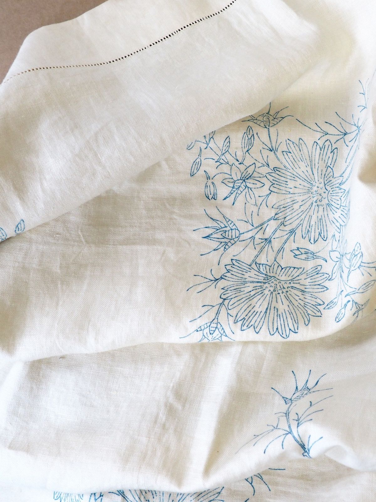 French Unfinished Embroidered Linen Tablecloth photo for sale