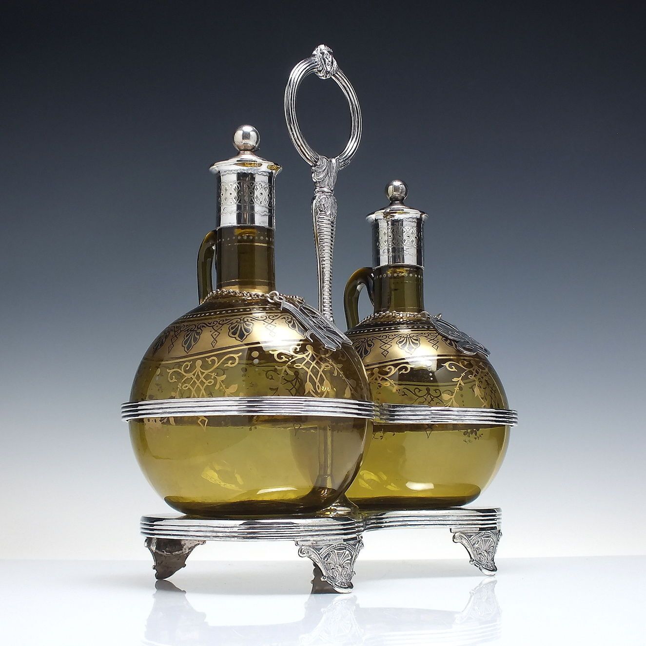 Pair Of 19th Century Amber Gilded Glass Spirit Flagon Decanters In Silver Plated Frame C1860 photo furniture