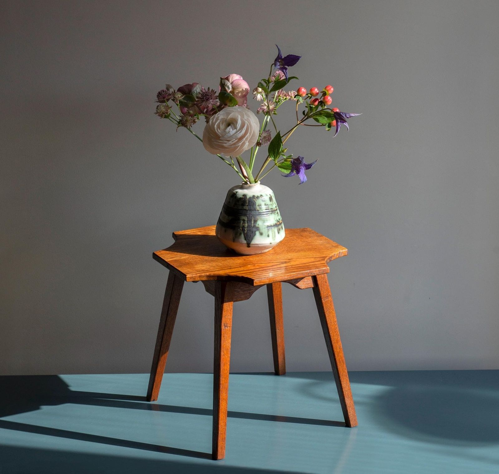 Oak Side Table, Art Deco Coffee Table, Vintage Wooden Plant Stand, Dutch Stool, Amsterdam School Design photo for sale