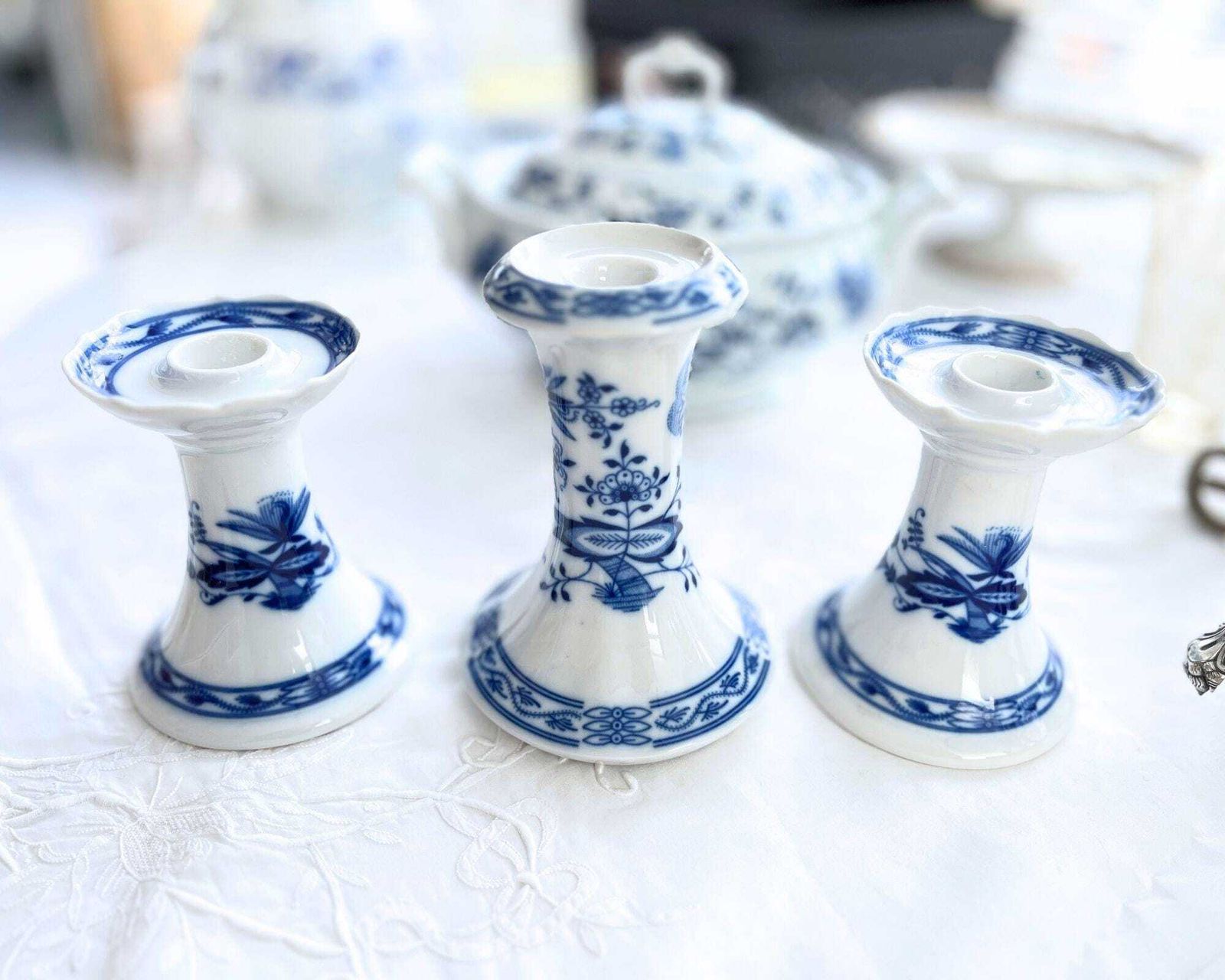Blue Onion Candleholders | 3pcs | Blue And White Porcelain | Czechoslovakia