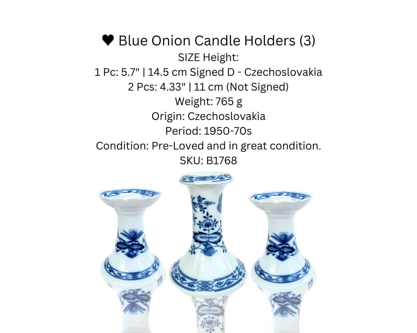 Blue Onion Kandelaars | 3 Stuks | Blauw En Wit Porselein | Tsjecho Slowakije photo Woonaccessoires