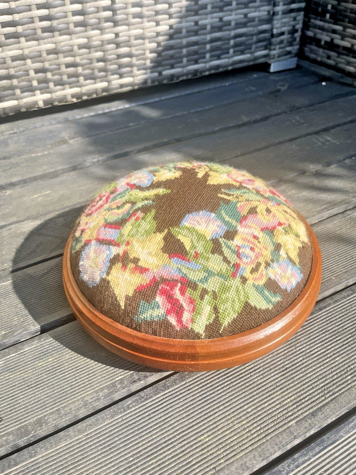 Antique Floral Tapestry Needlepoint Low Bun Foot Stool Old English Country House
