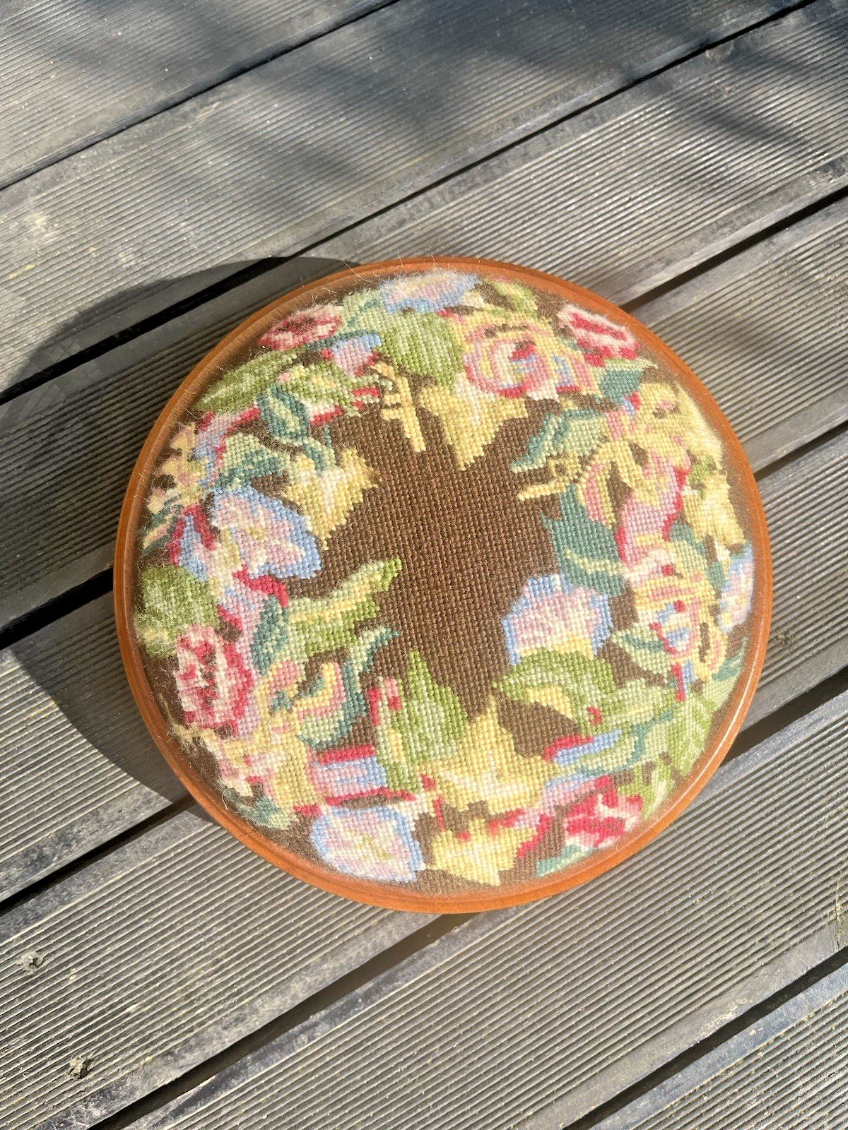 Antique Floral Tapestry Needlepoint Low Bun Foot Stool Old English Country House photo for sale