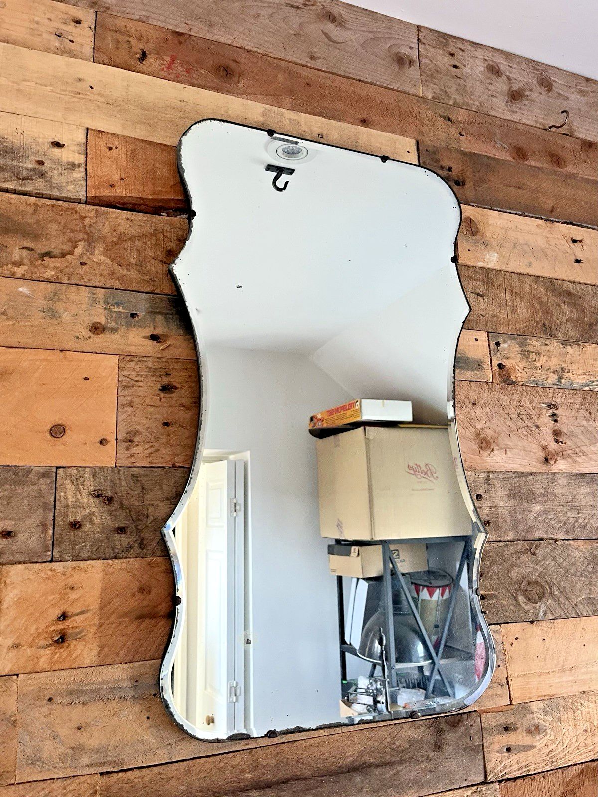 Lovely Large Antique Art Deco Wavy Edge Bevelled Wall Hall Mirror Over Mantel photo for sale