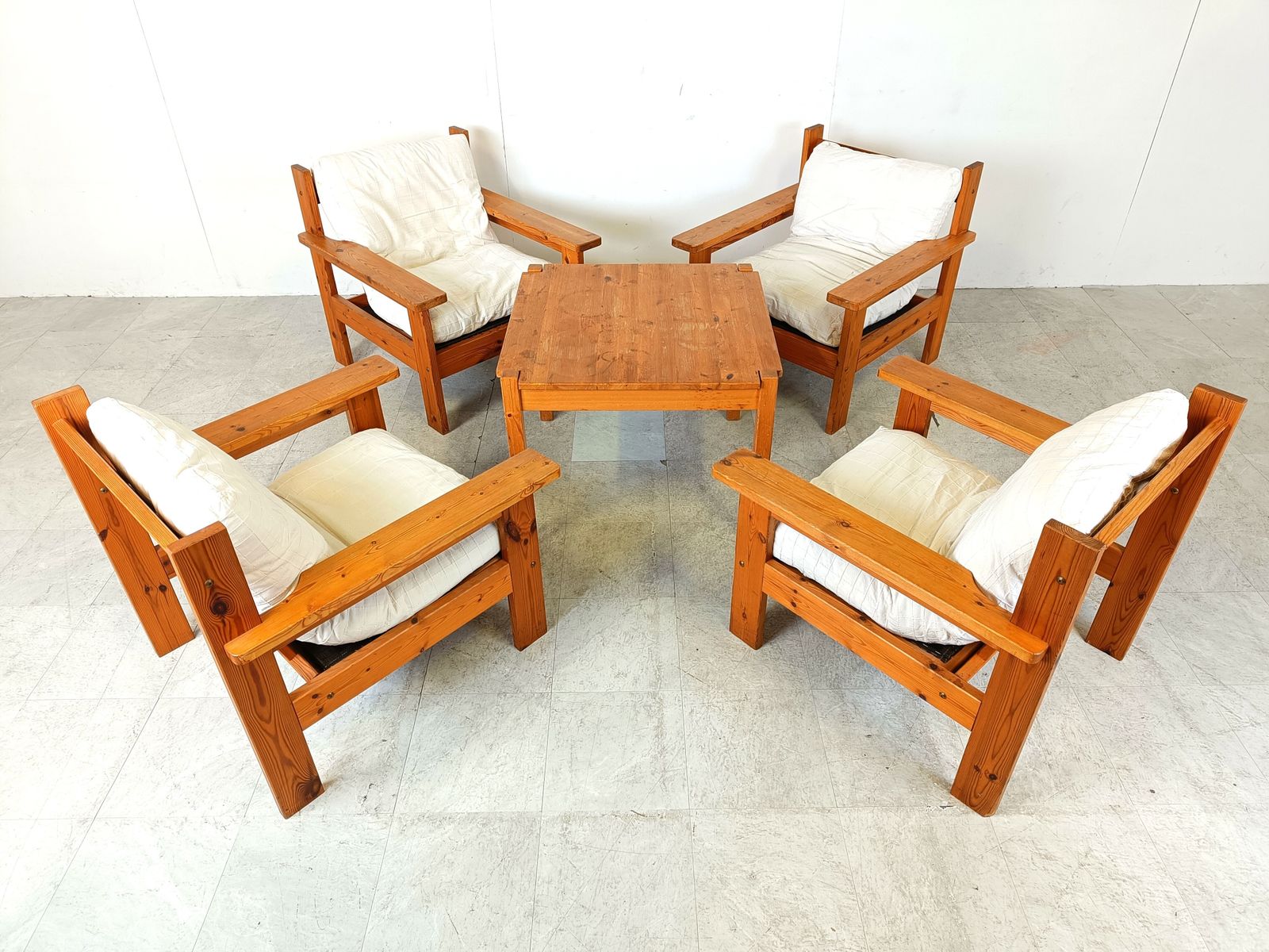Set Of 4 Vintage Armchairs With Foot Stools, Pine Wood, Denmark 1980s