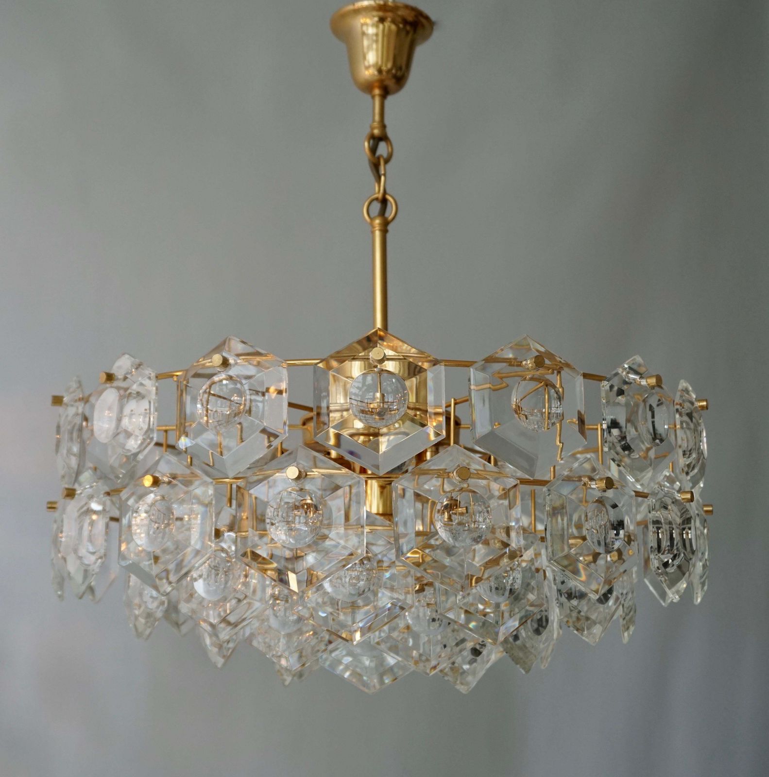 One Of Two Gold Plated Kinkeldey Crystal Chandelier, Germany, 1960s photo for sale
