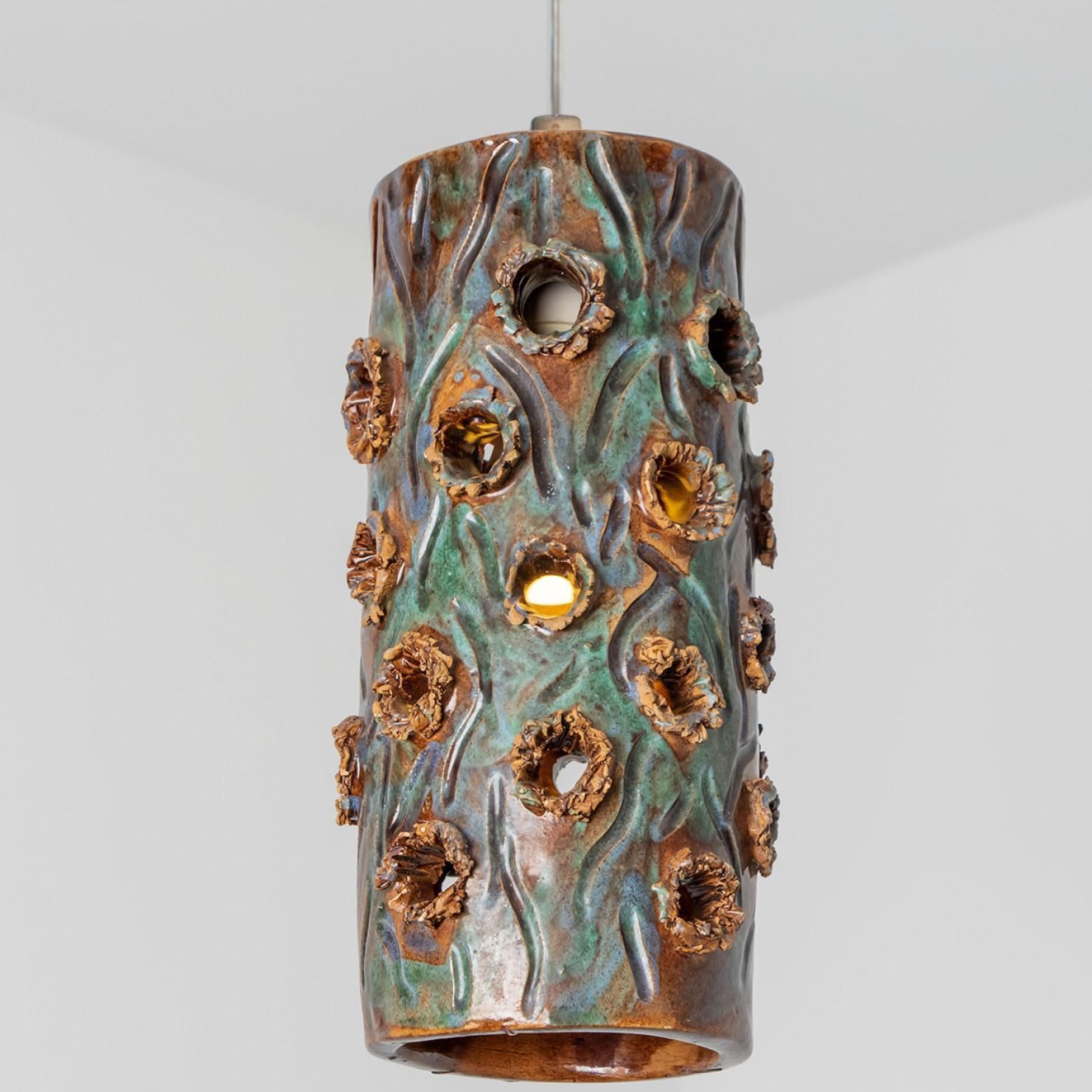 1 Of 3 Turquoise Blue Brown Ceramic Pendant Lights, Denmark, 1970 photo furniture