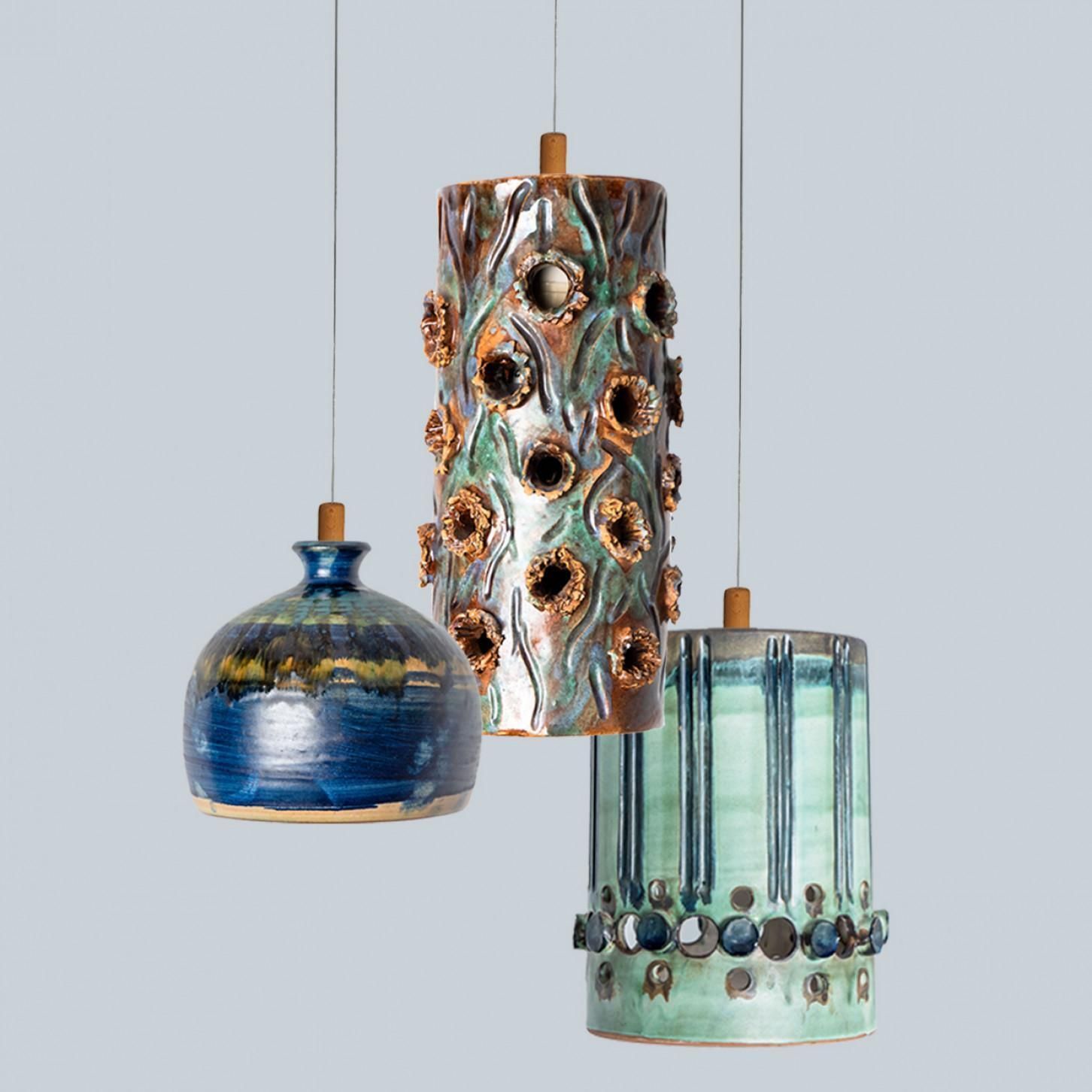 759.0 1 Of 3 Turquoise Blue Brown Ceramic Pendant Lights, Denmark, 1970 photo