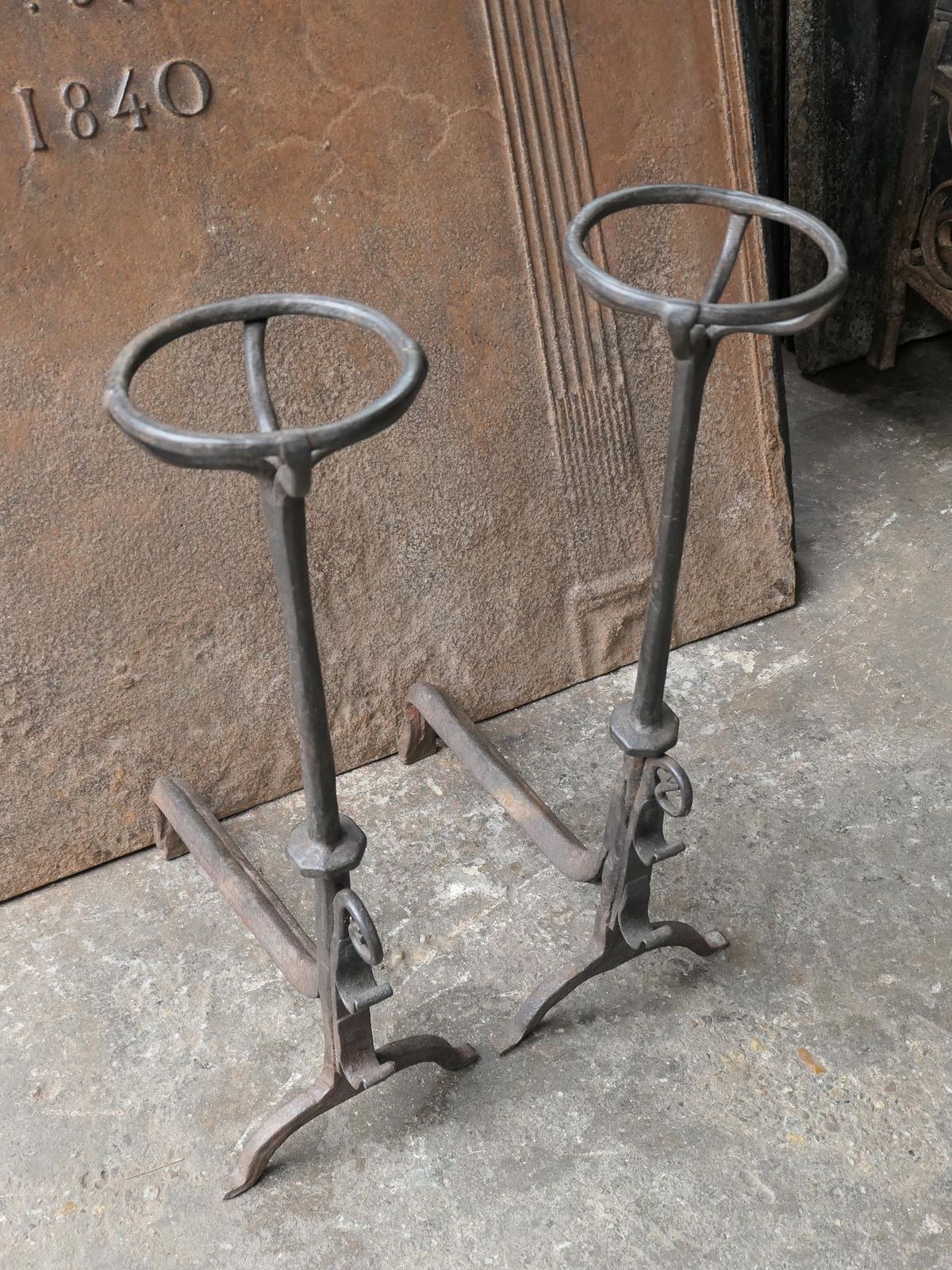 Large French 17th Century Gothic Andirons Or Landiers With Wolf Head photo vintage