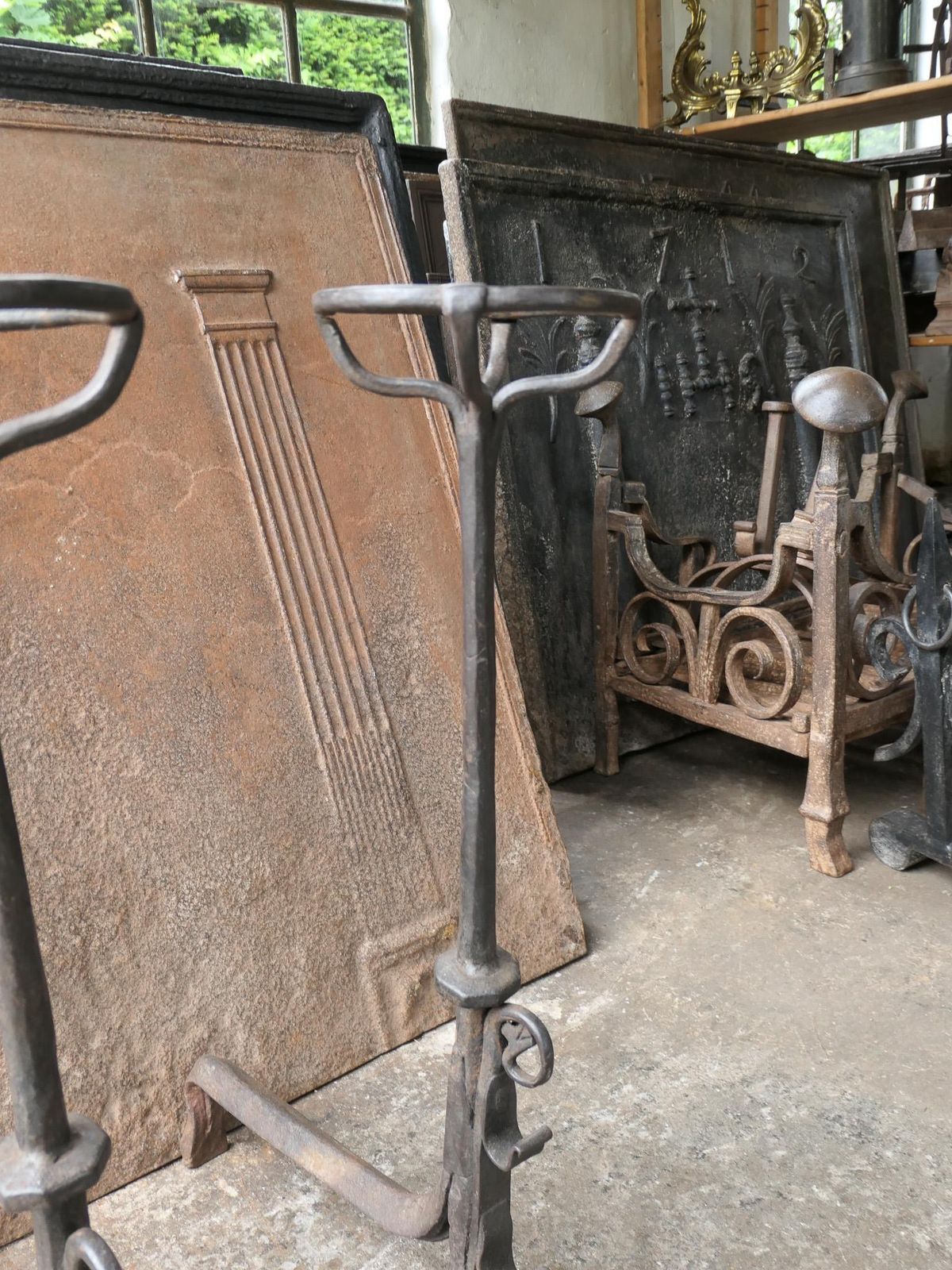 Home Fixtures Large French 17th Century Gothic Andirons Or Landiers With Wolf Head photo