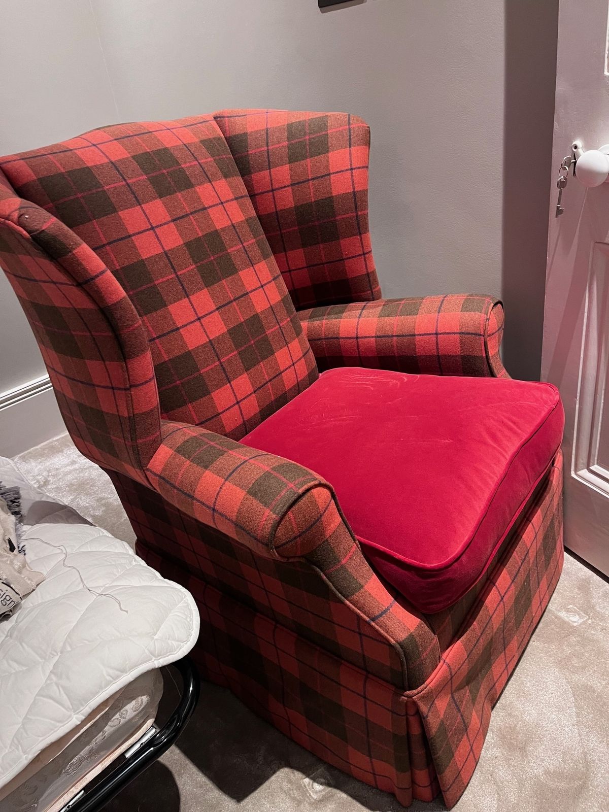 Extra Tall Back Wing Back Armchair Wool Check With Paprika Velvet Seat Queen Anne Style