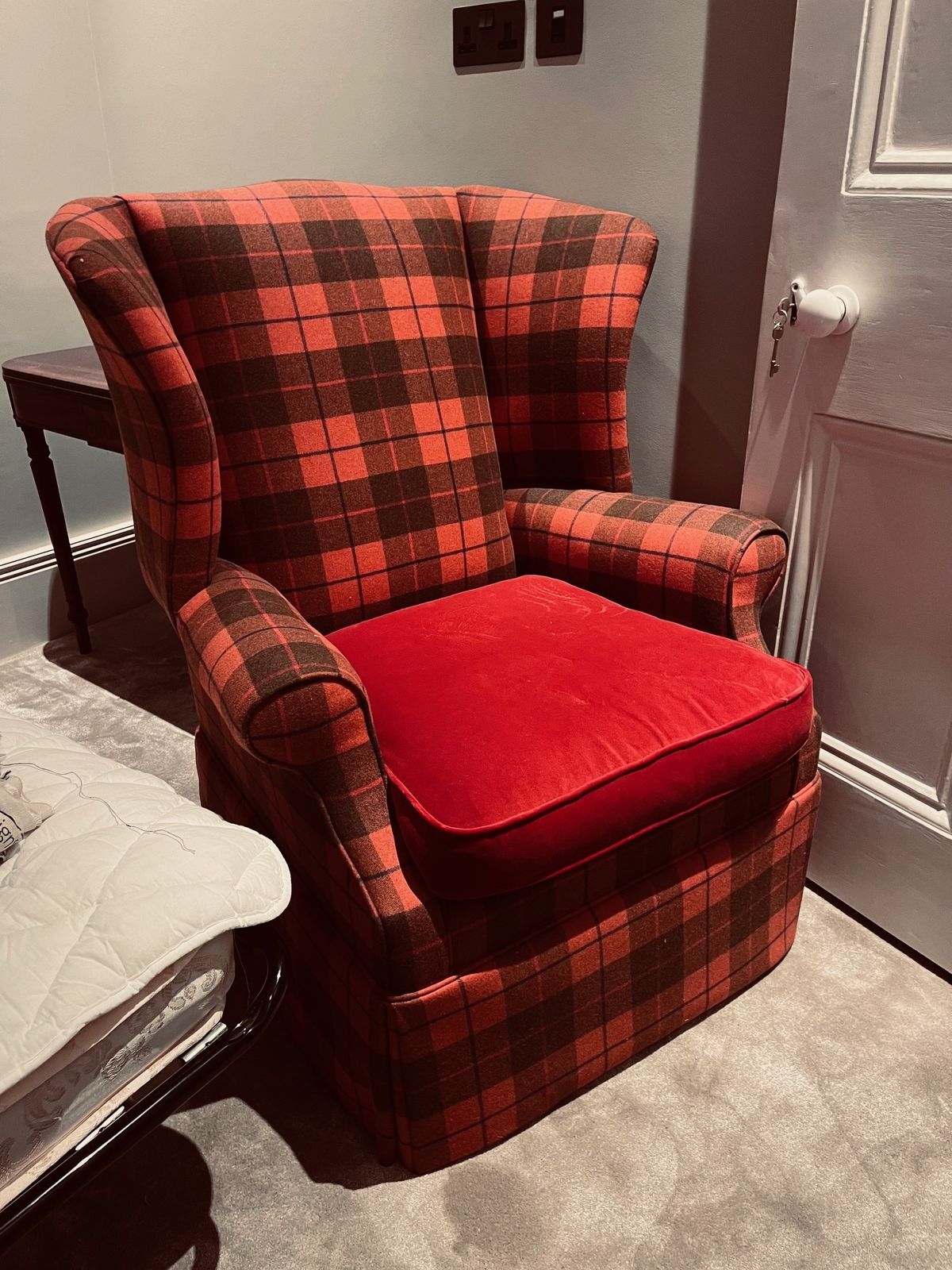 Extra Tall Back Wing Back Armchair Wool Check With Paprika Velvet Seat Queen Anne Style photo furniture