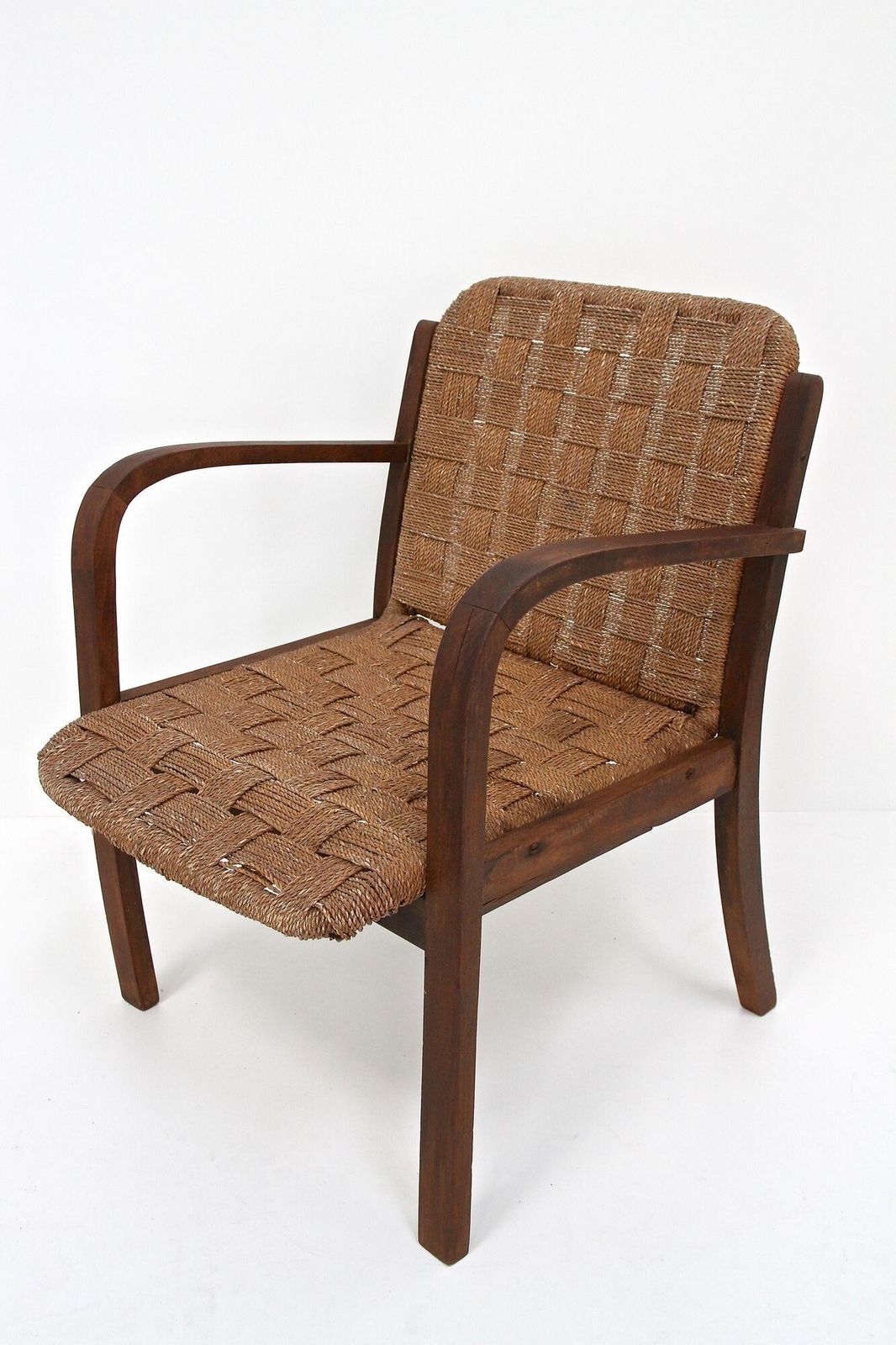 Furniture Pair Of Mid Century Armchairs With Woven Rope, Audoux   Minnet, Fr Ca. 1950 photo