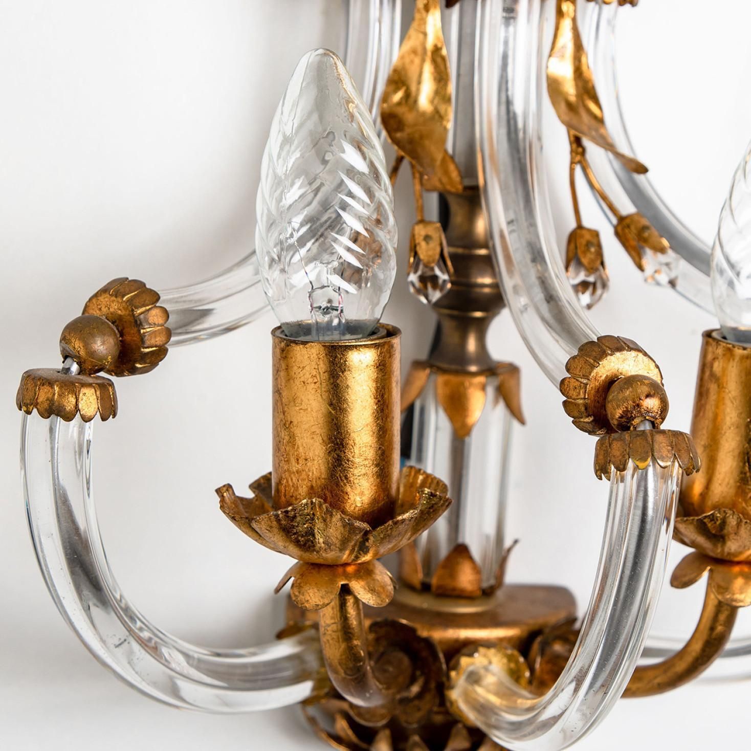 Pair Of Crystal Glass Gilt Brass Wall Lights By Palwa, 1960s photo for sale
