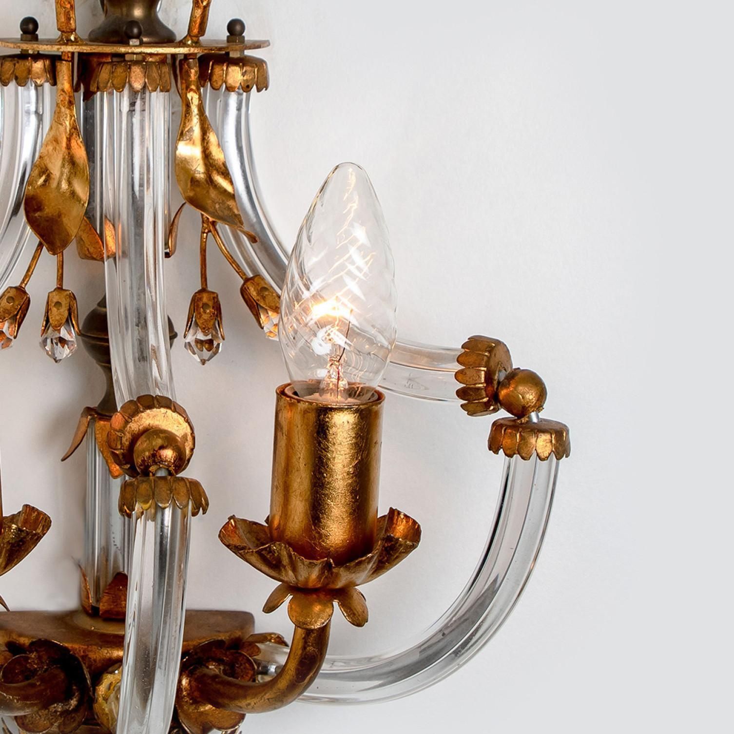 Pair Of Crystal Glass Gilt Brass Wall Lights By Palwa, 1960s photo buy