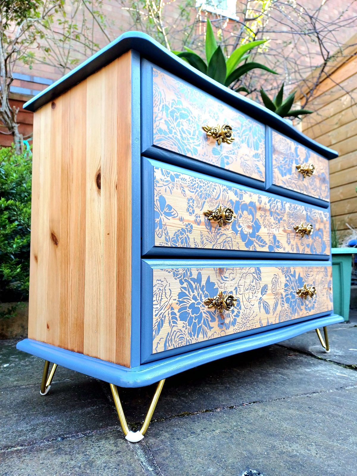 Upcycled Blue Pine Floral Chest Of Drawers photo 350.0