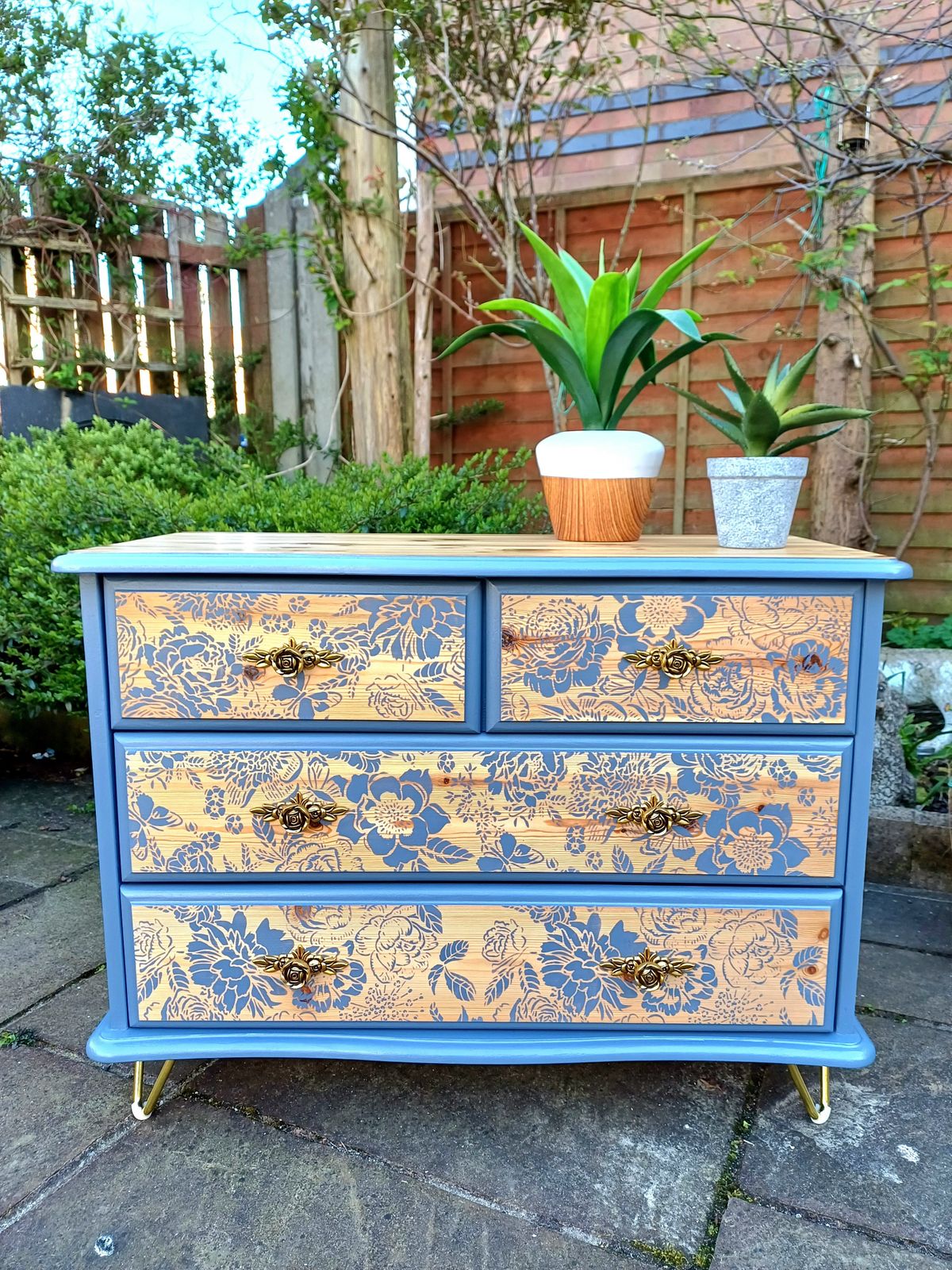 Upcycled Blue Pine Floral Chest Of Drawers photo vinterior