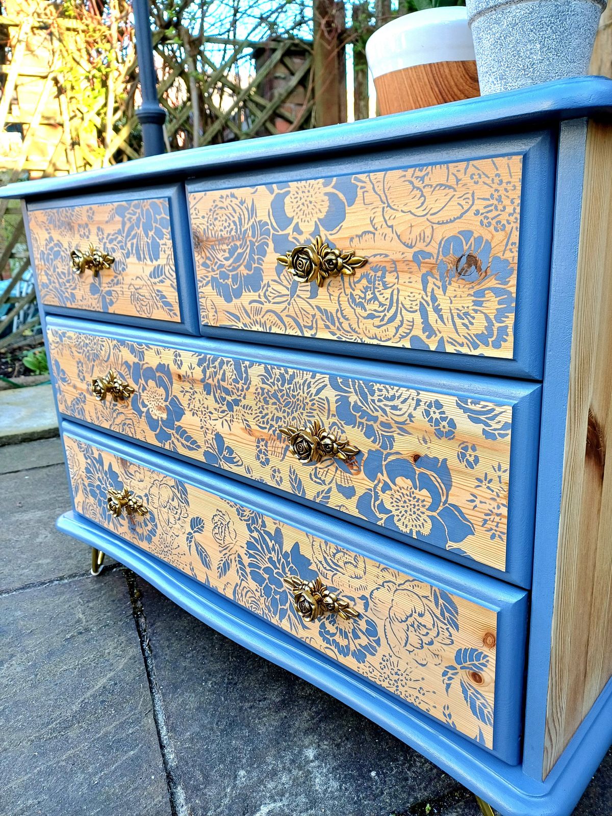 Upcycled Blue Pine Floral Chest Of Drawers photo buy