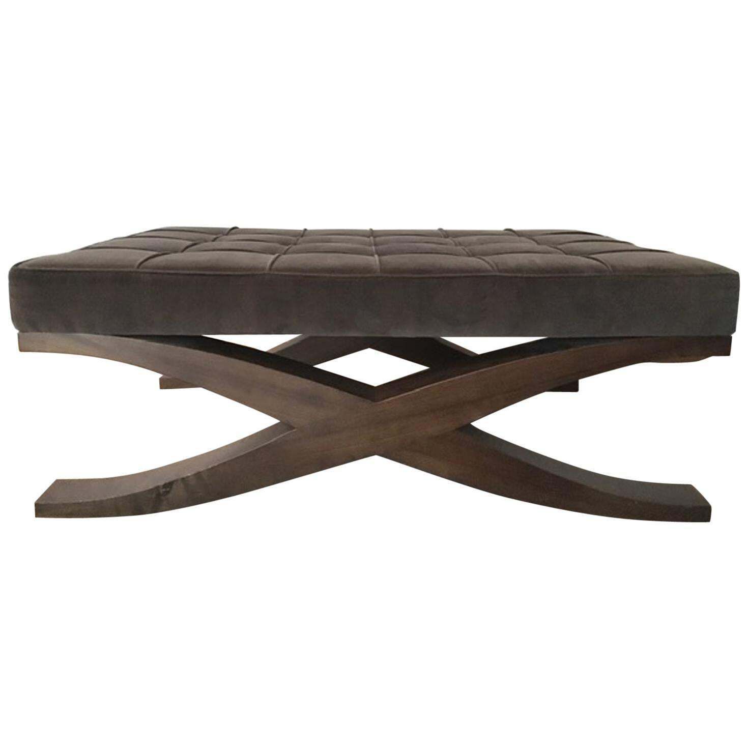 Italy Grey Velvet Upholstered Coffee Table With Crossed Wood Legs
