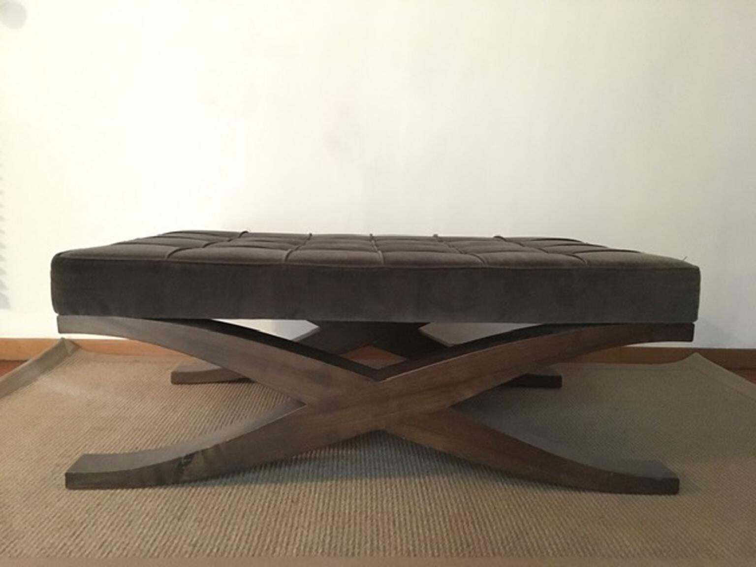 Italy Grey Velvet Upholstered Coffee Table With Crossed Wood Legs photo 2977.0