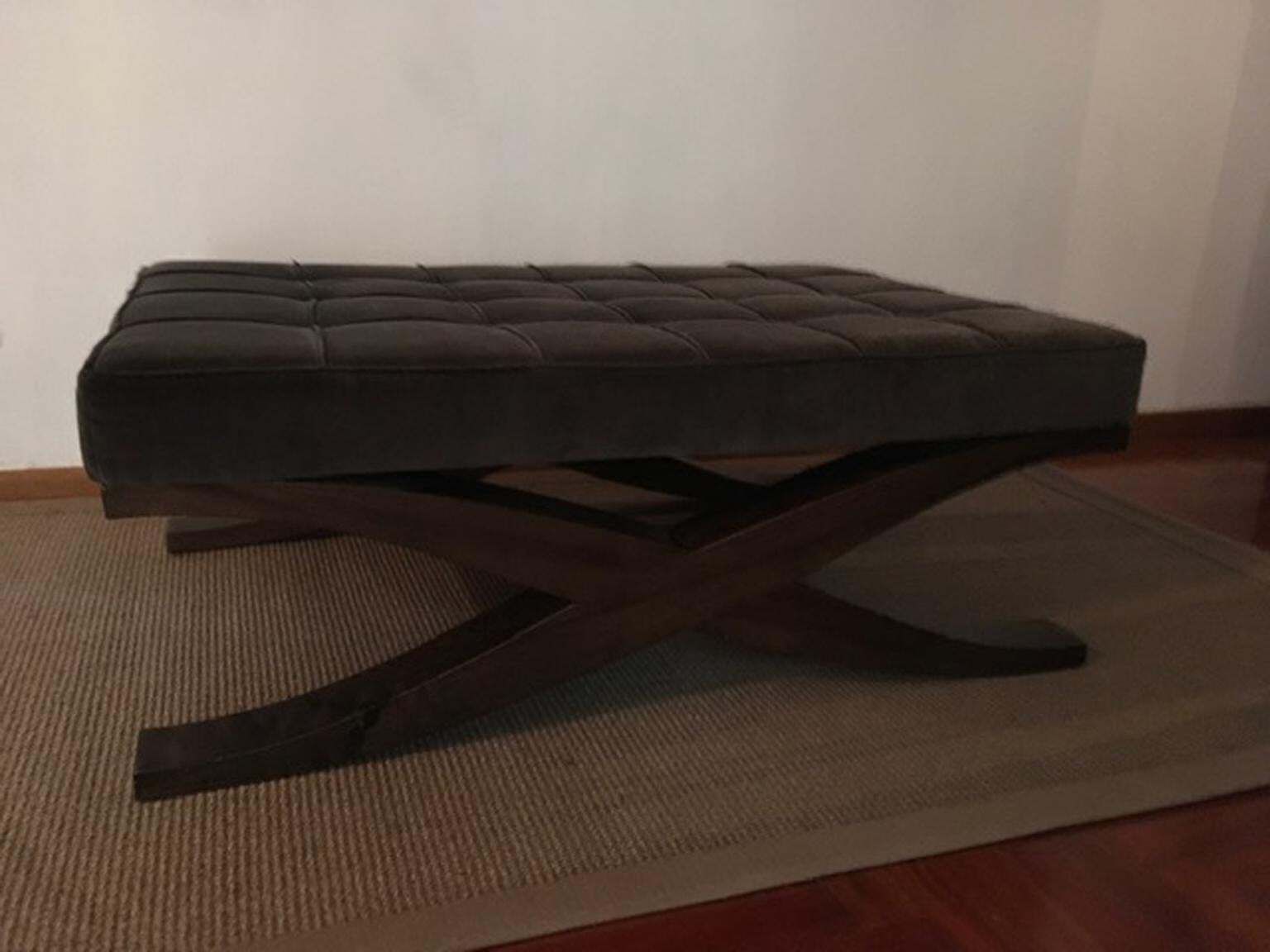 photo vinterior Italy Grey Velvet Upholstered Coffee Table With Crossed Wood Legs