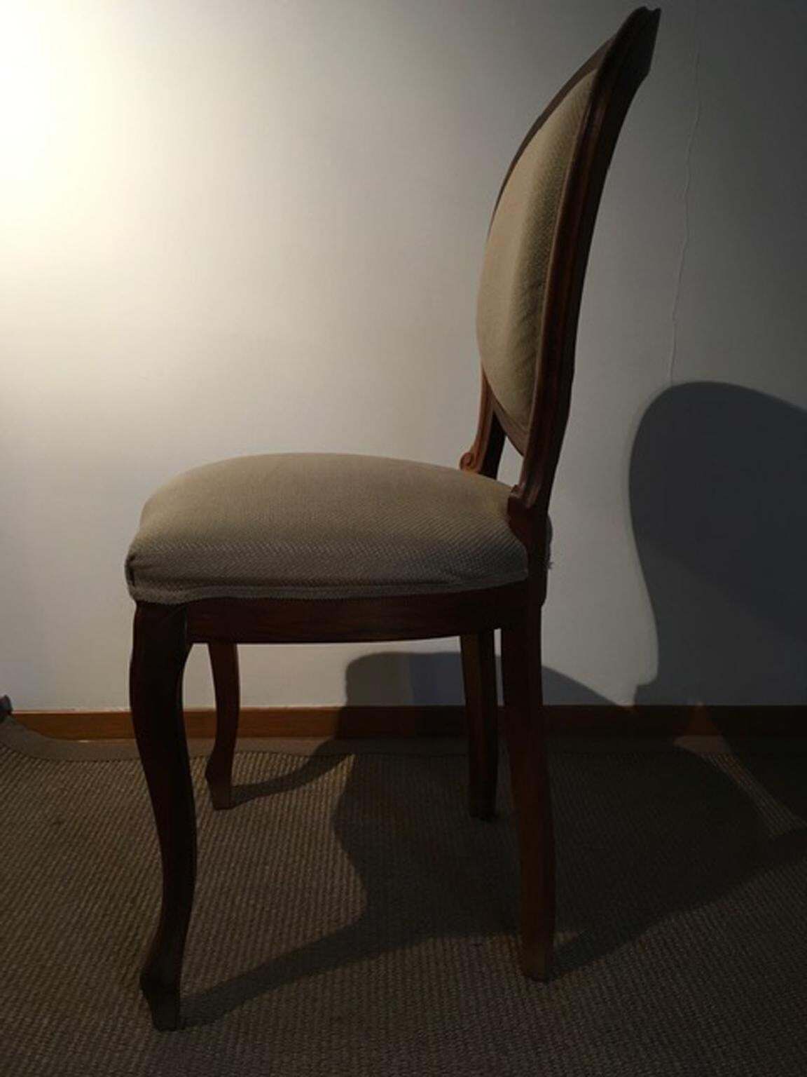photo vinterior 1990 Italy Post Modern Set 4 Chairs In Walnut And Linen