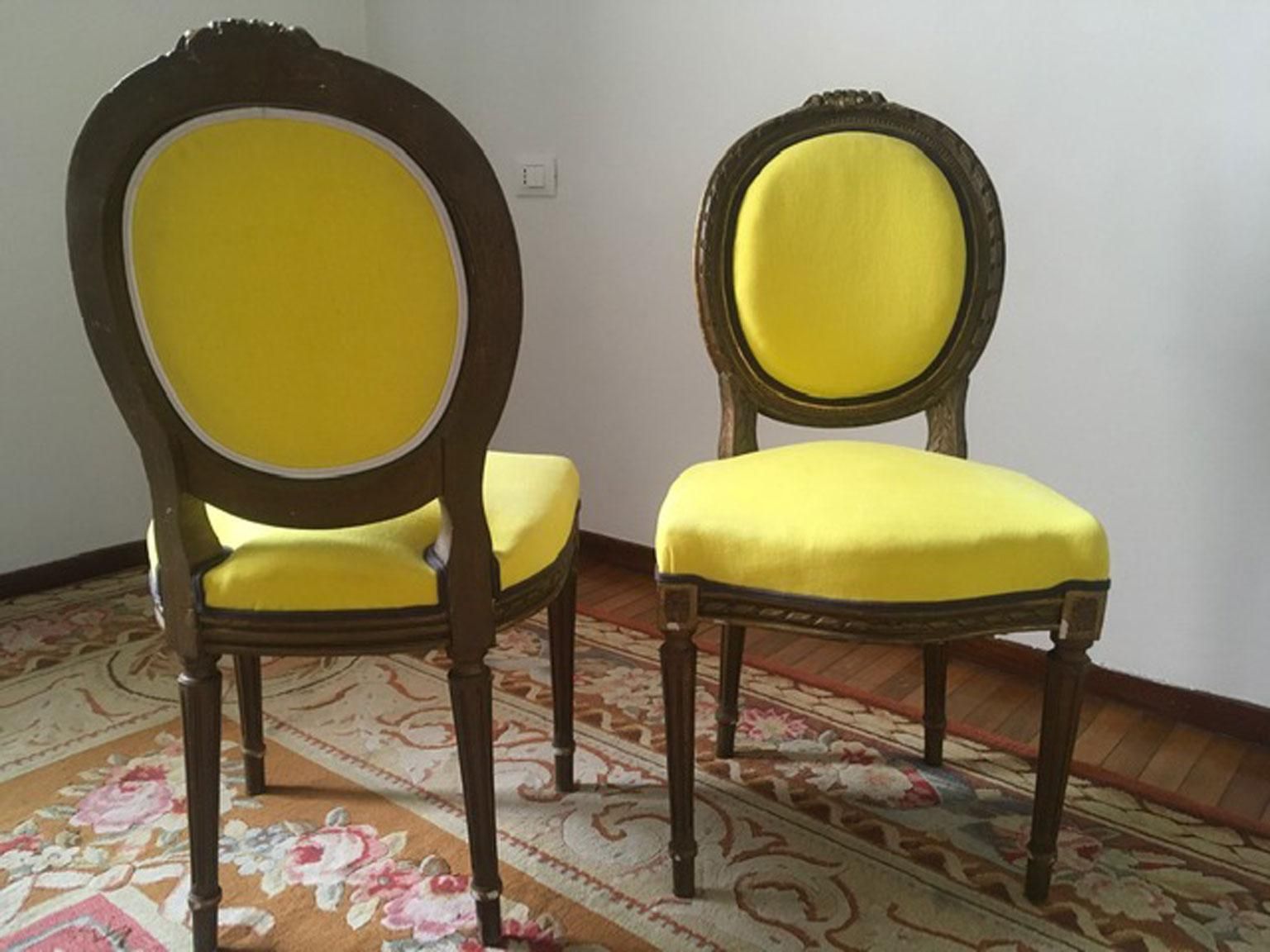 Furniture Mid 19th Century Pair French Provincial Wooden Chairs Yellow Linen photo