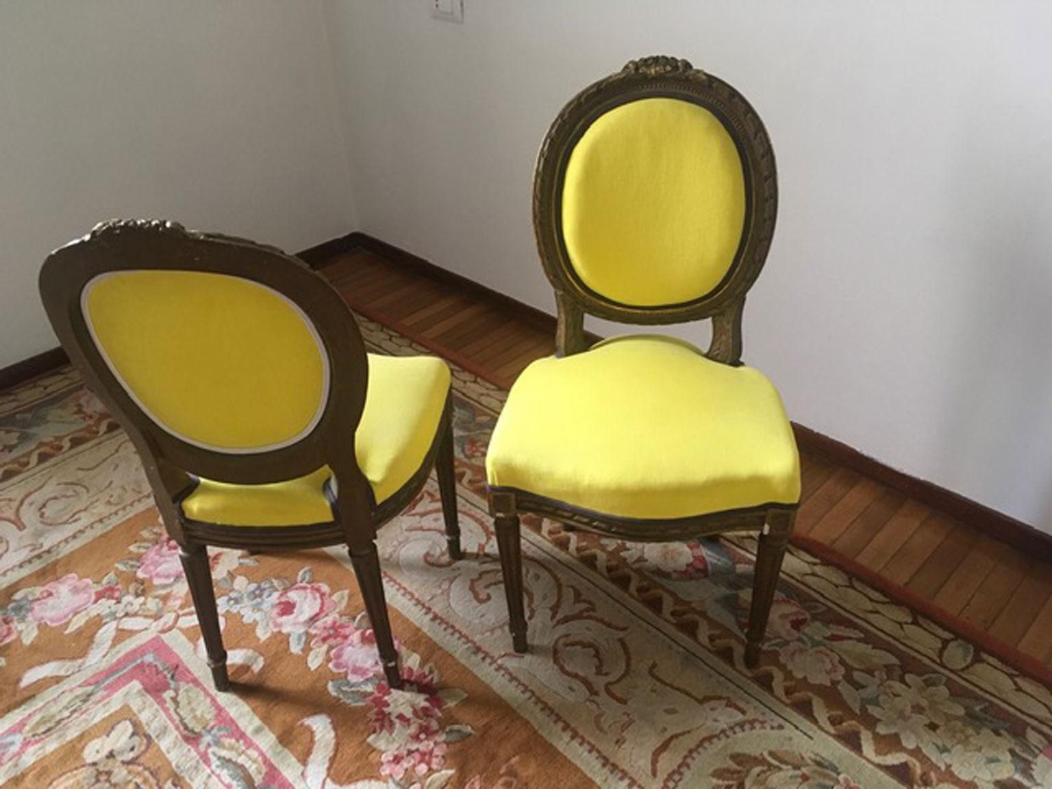 photo buy Mid 19th Century Pair French Provincial Wooden Chairs Yellow Linen