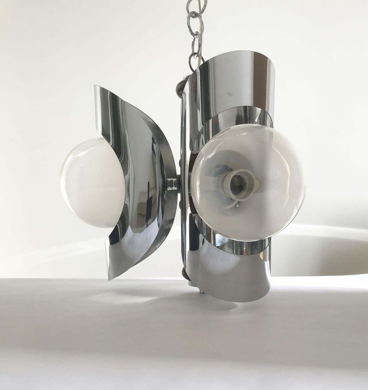 Italy 1970 Mid Century Modern Chandelier Metal Chrome And Glass photo for sale