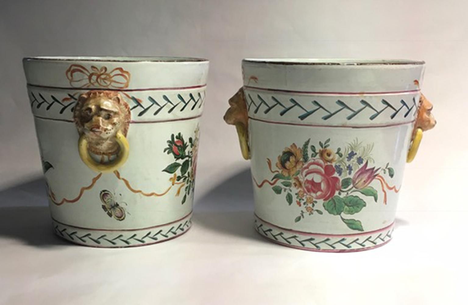 France Late 19th Century Pair Of Pottery Cache Pots With Flowers And Lions Heads photo furniture