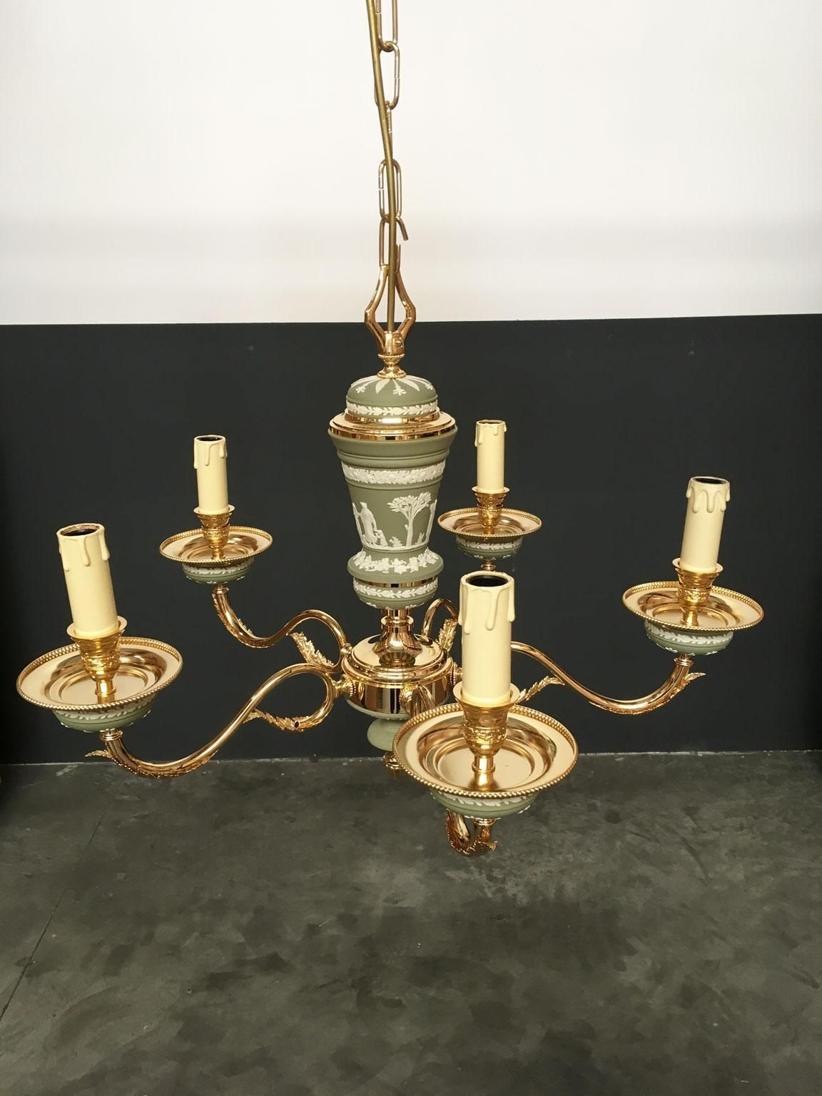 Italy 1970 Hollywood Regency Style Green Porcelain And Brass Chandelier 5 Lights photo furniture