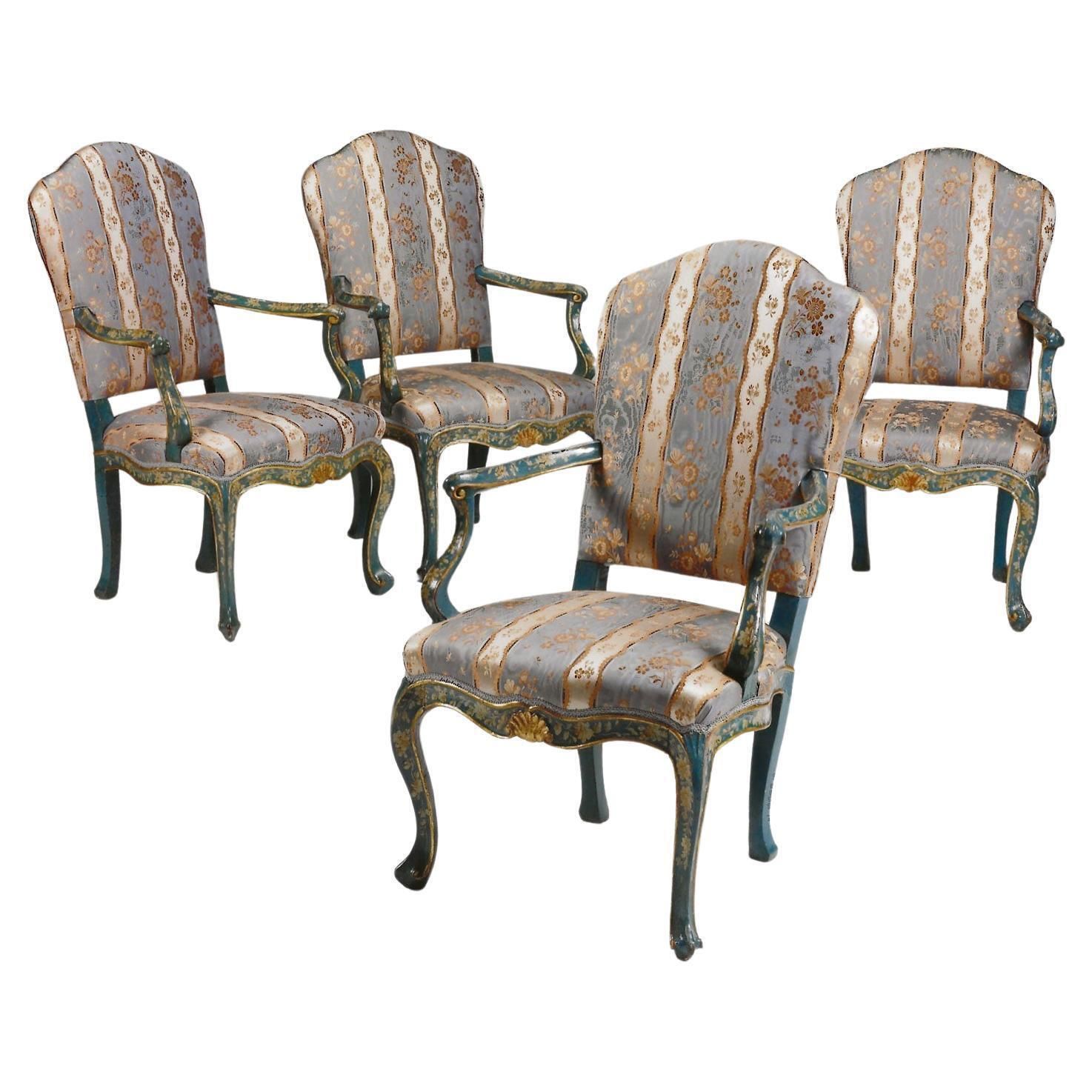 1750 Venezia Italy Set 4 Blue Lacquered Wooden Dining Armchairs With Flowers