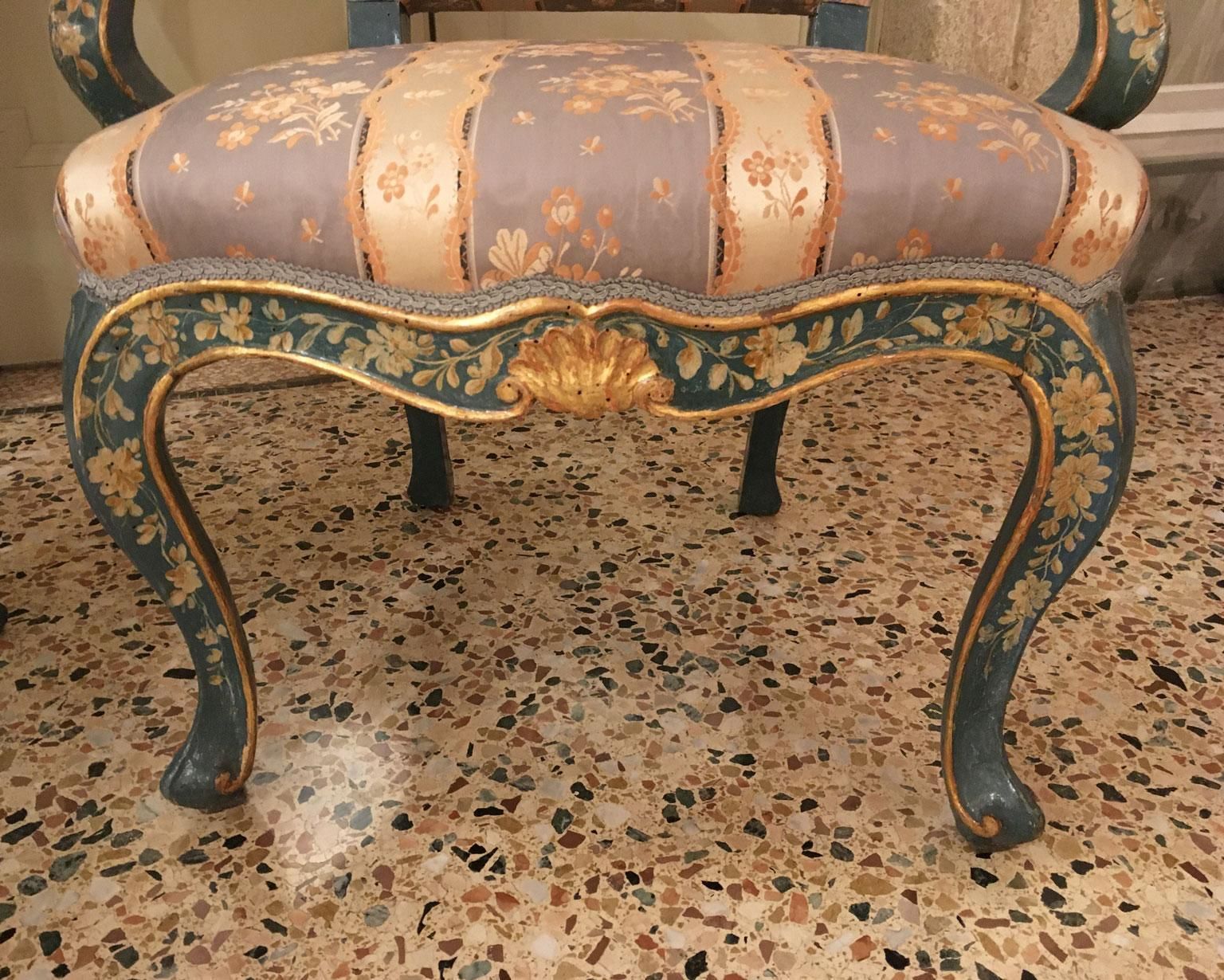 1750 Venezia Italy Set 4 Blue Lacquered Wooden Dining Armchairs With Flowers photo furniture