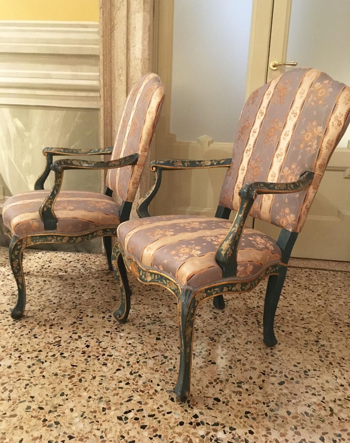 1750 Venezia Italy Set 4 Blue Lacquered Wooden Dining Armchairs With Flowers photo 42532.0
