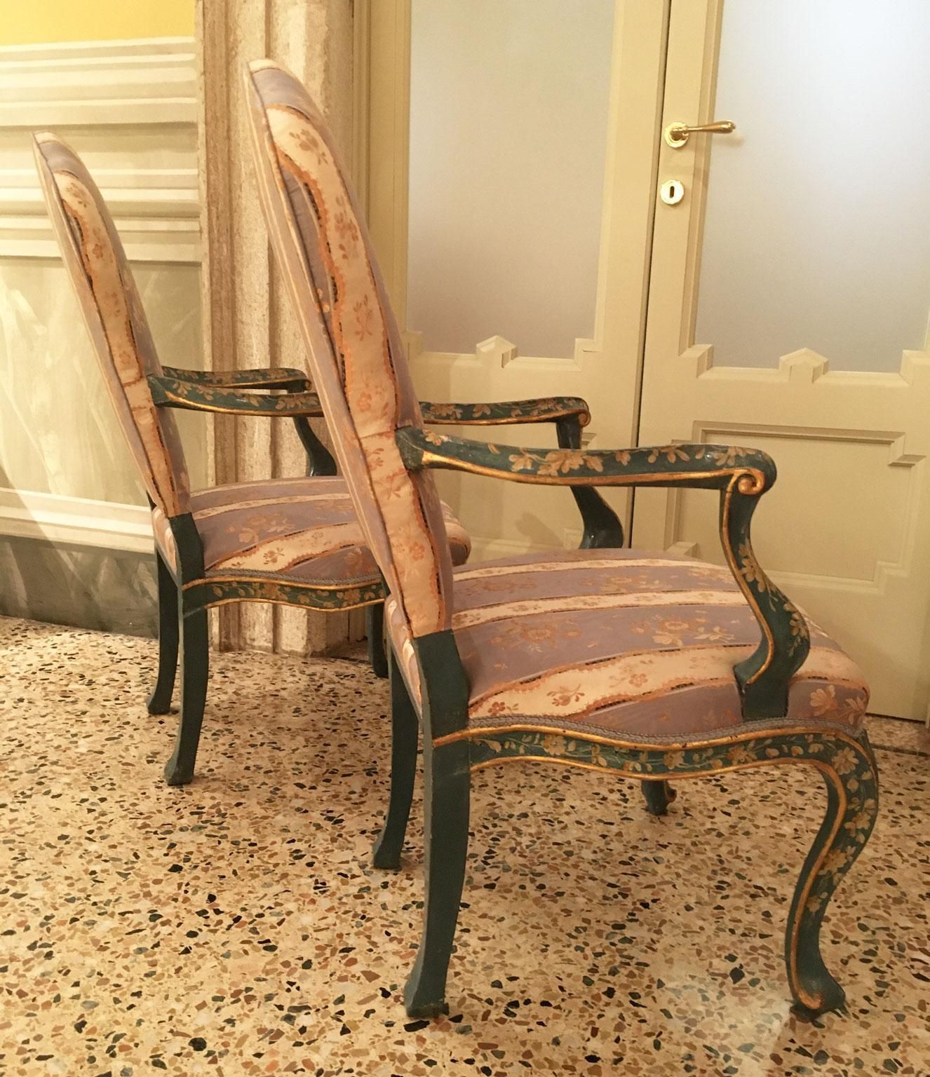 Furniture 1750 Venezia Italy Set 4 Blue Lacquered Wooden Dining Armchairs With Flowers photo