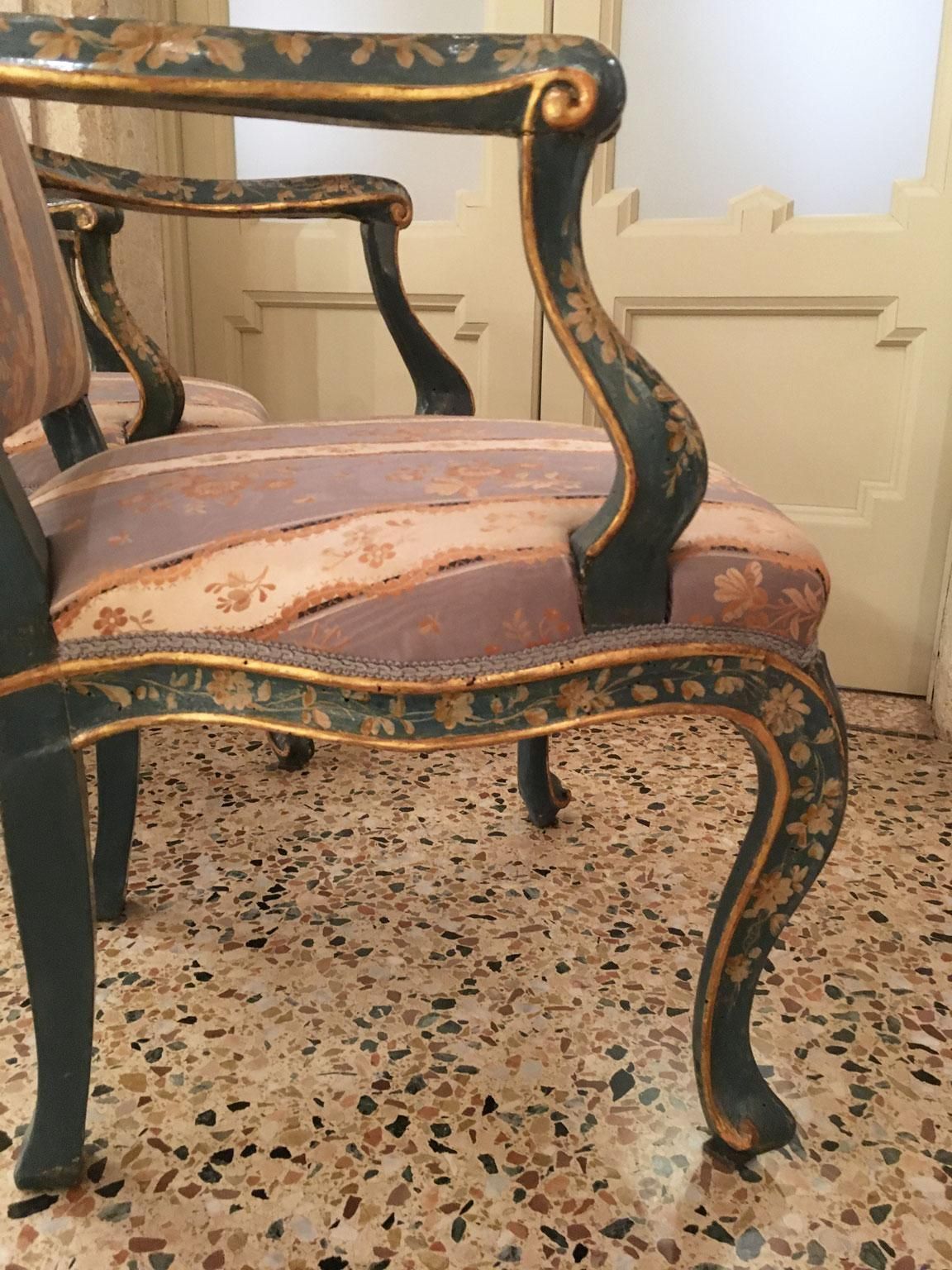 42532.0 1750 Venezia Italy Set 4 Blue Lacquered Wooden Dining Armchairs With Flowers photo