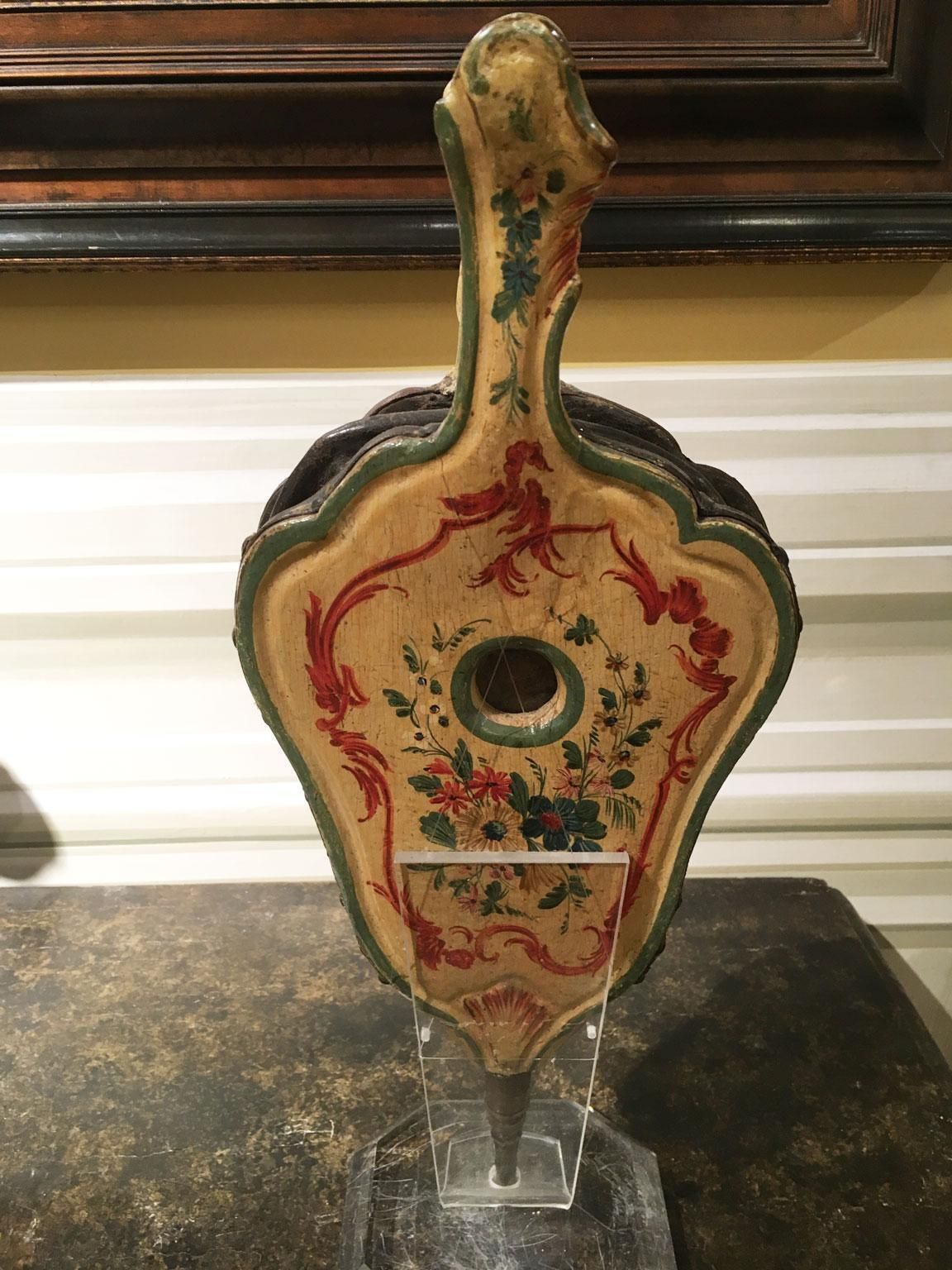 photo for sale 1750 Venezia Italy Yellow Lacquered Carved Wooden Fireplace Bellows With Flowers