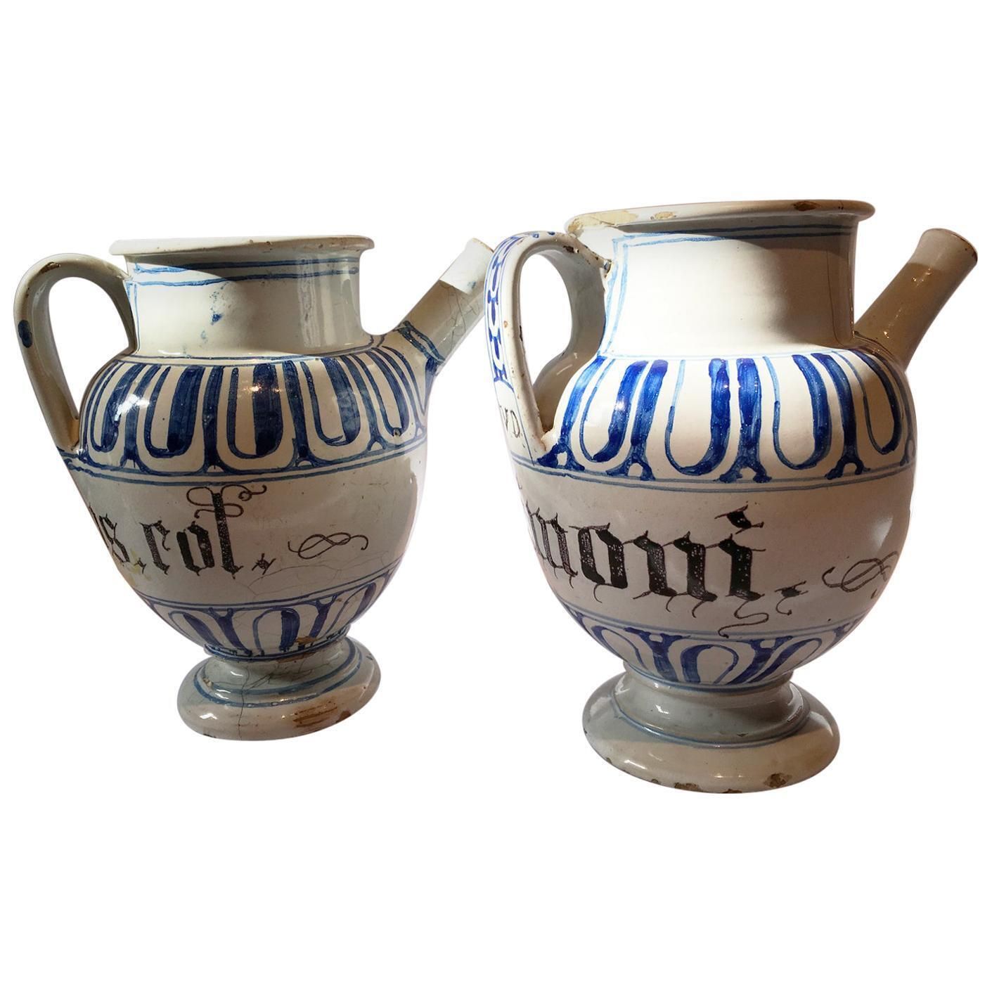 Italy Mid 18th Century Pair Of Ceramic Carafes In White And Blue For Pharmacy