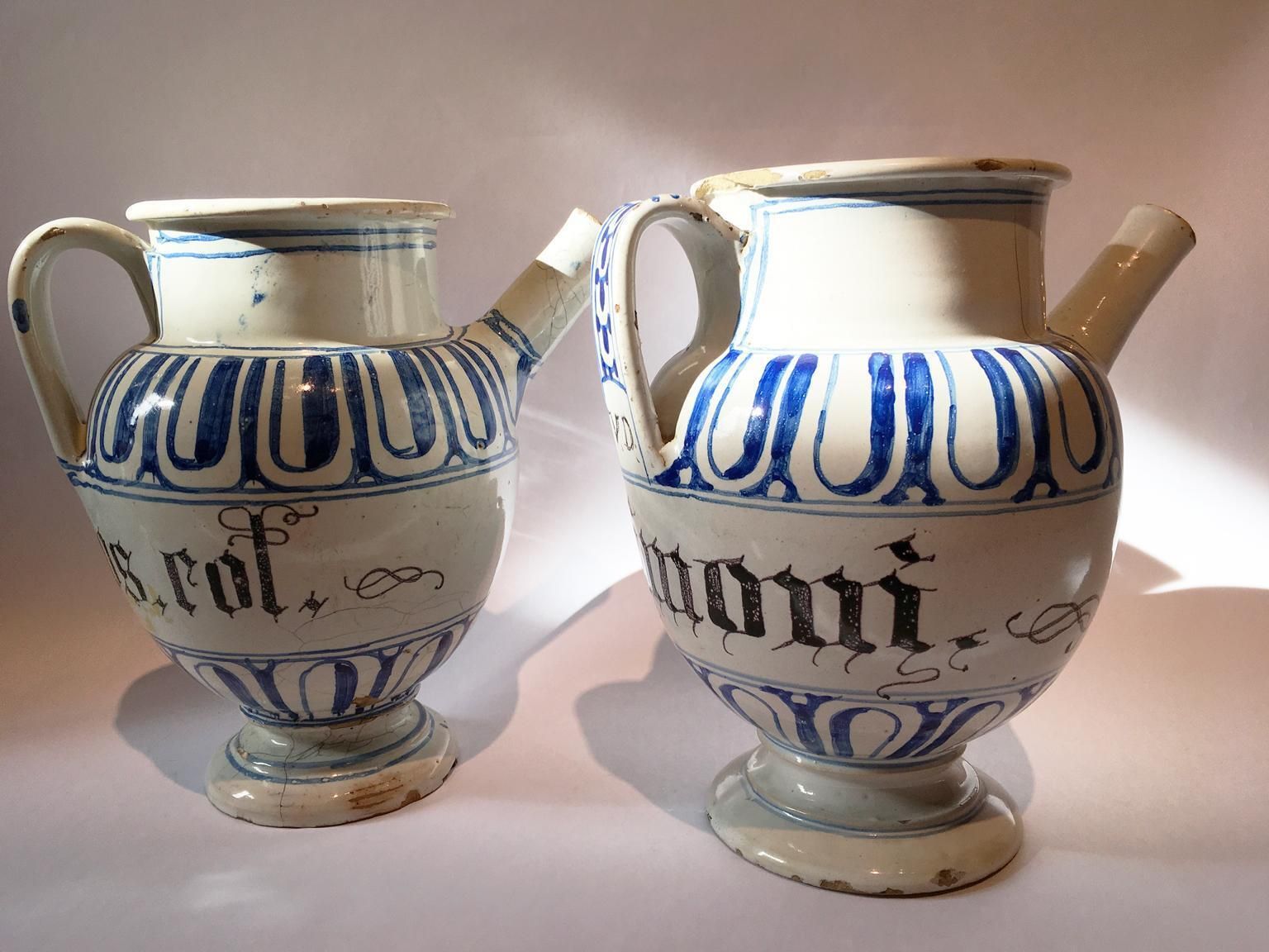 Italy Mid 18th Century Pair Of Ceramic Carafes In White And Blue For Pharmacy photo furniture