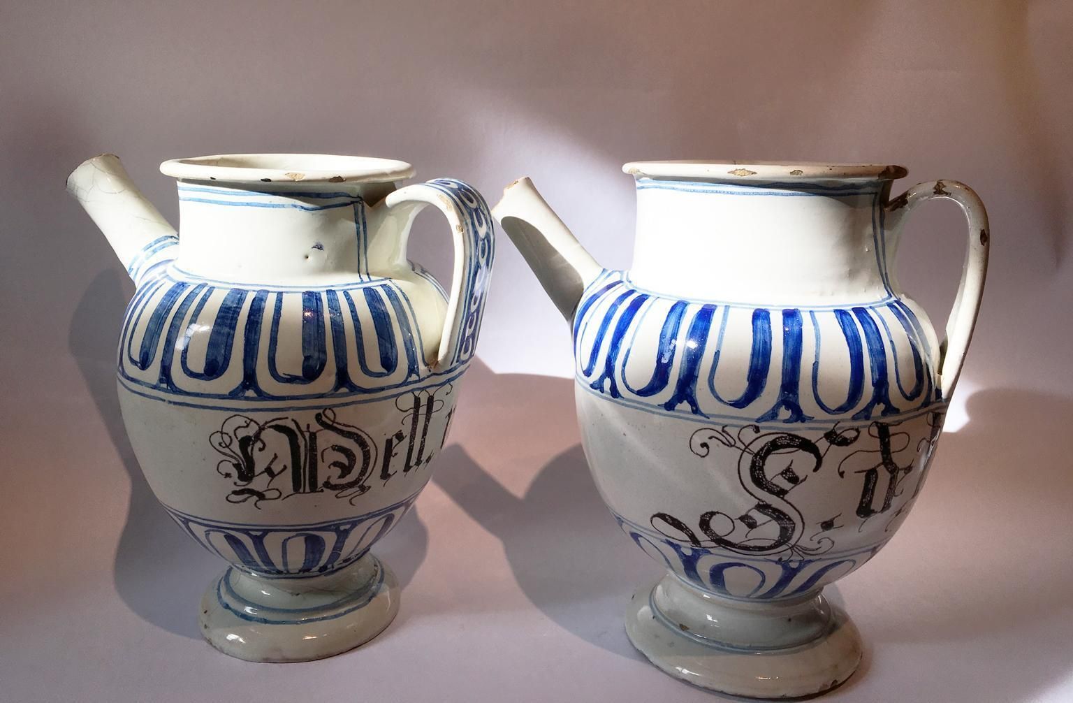 Italy Mid 18th Century Pair Of Ceramic Carafes In White And Blue For Pharmacy photo Home Decor